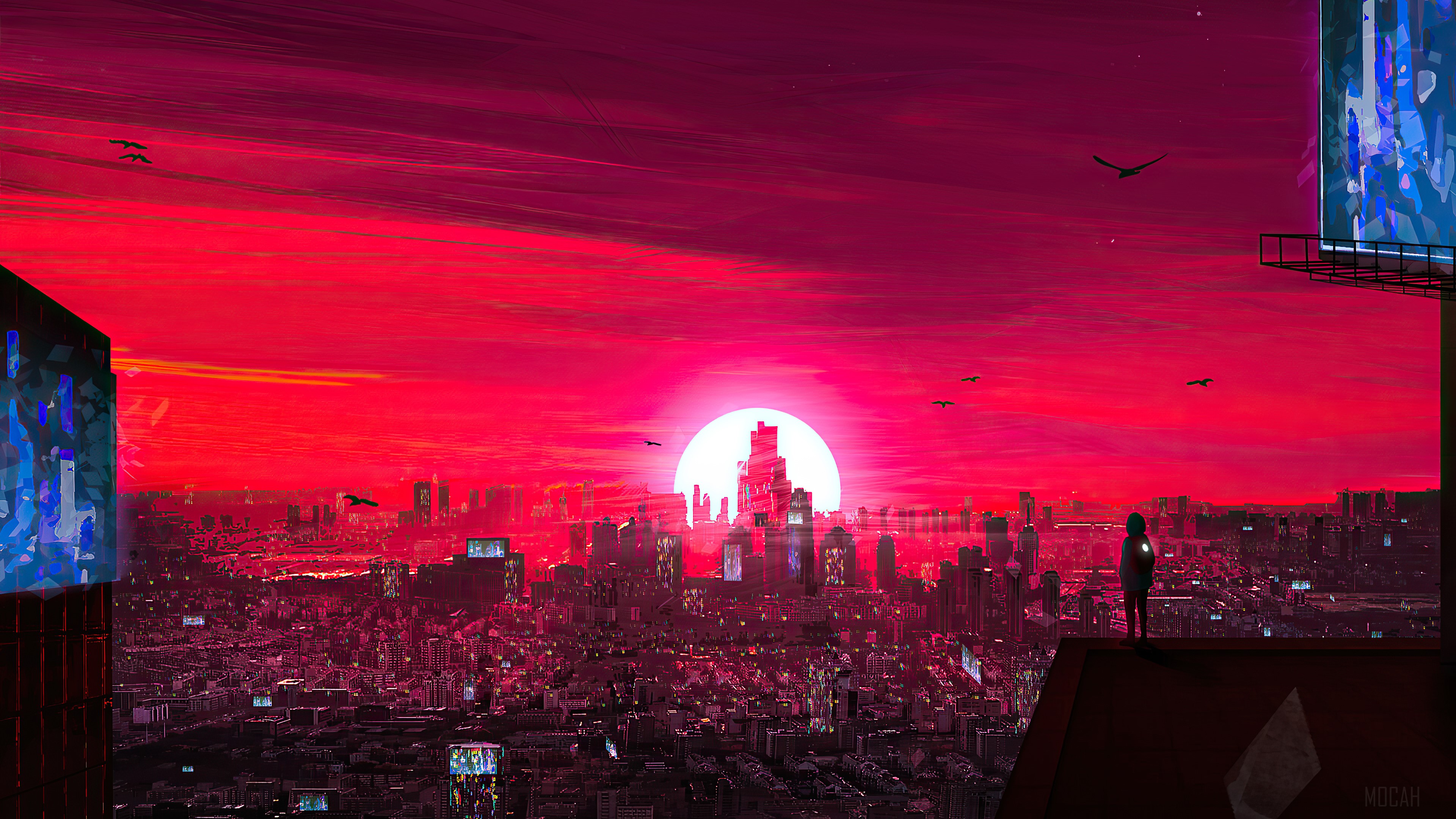Cyberpunk Cityscape at Sunrise with Lone Figure HD Wallpaper