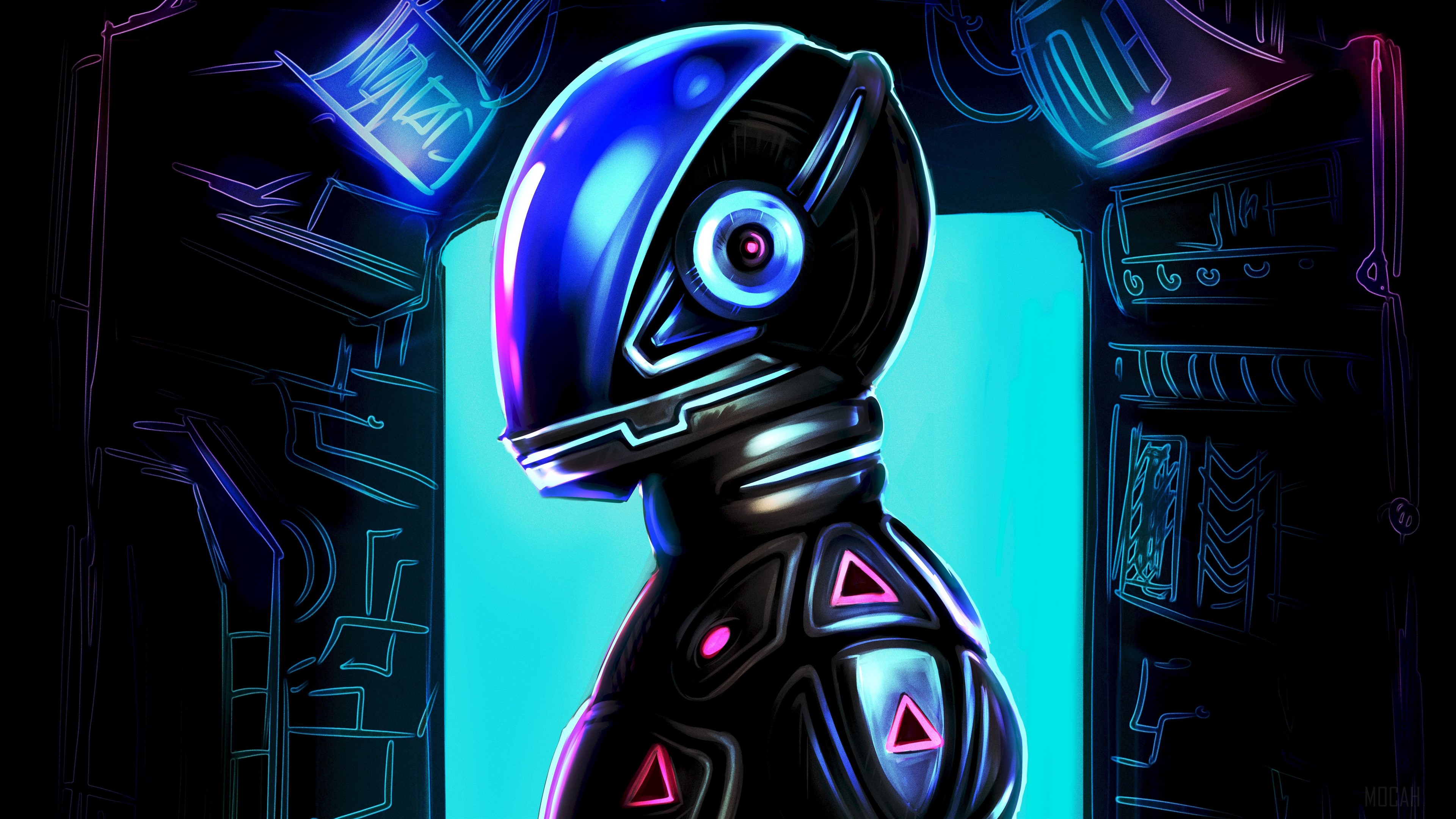 Robot with blue helmet and pink triangles 4K HD Wallpaper