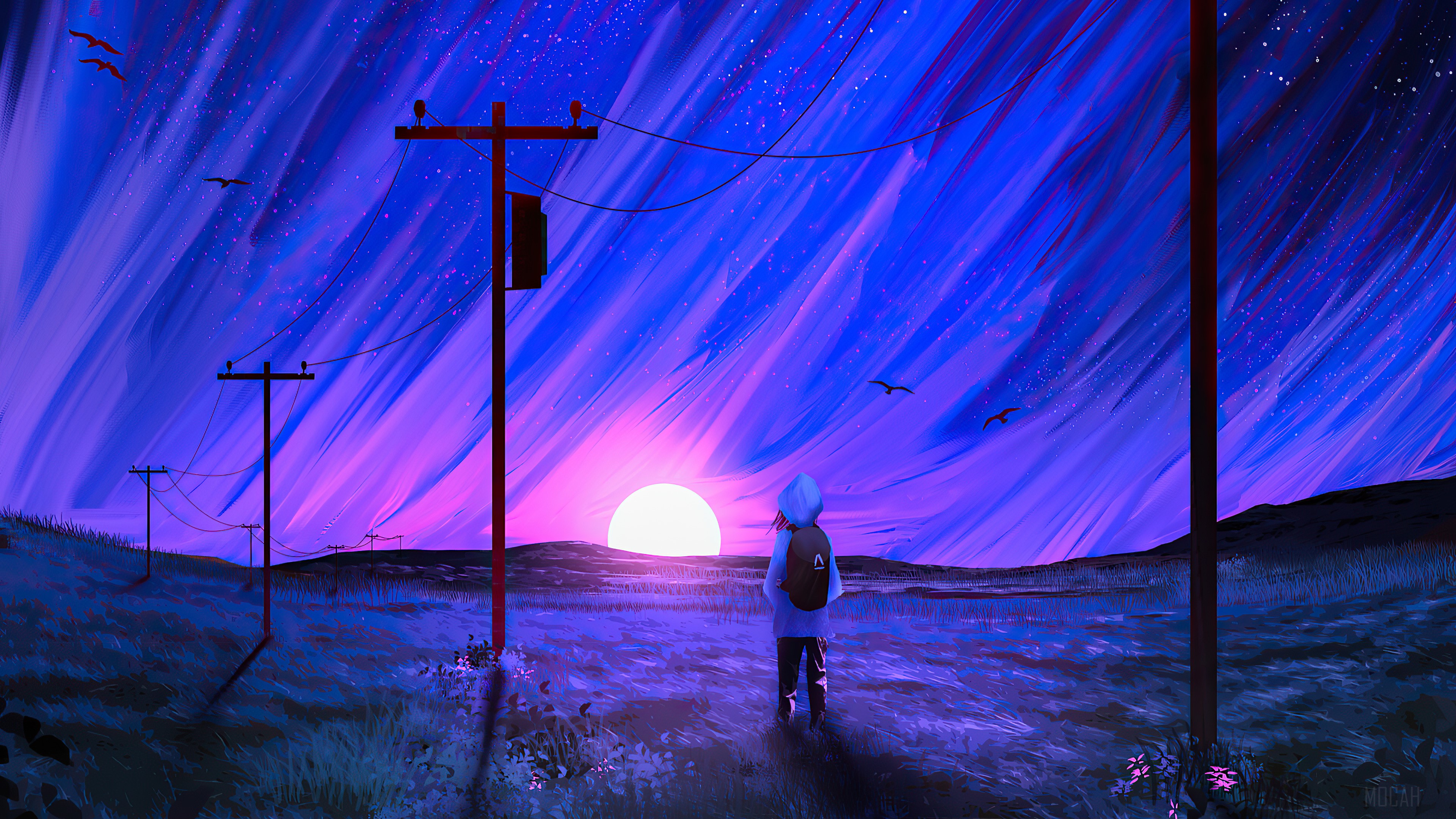 Person with backpack near powerlines at sunrise 4K HD Wallpaper