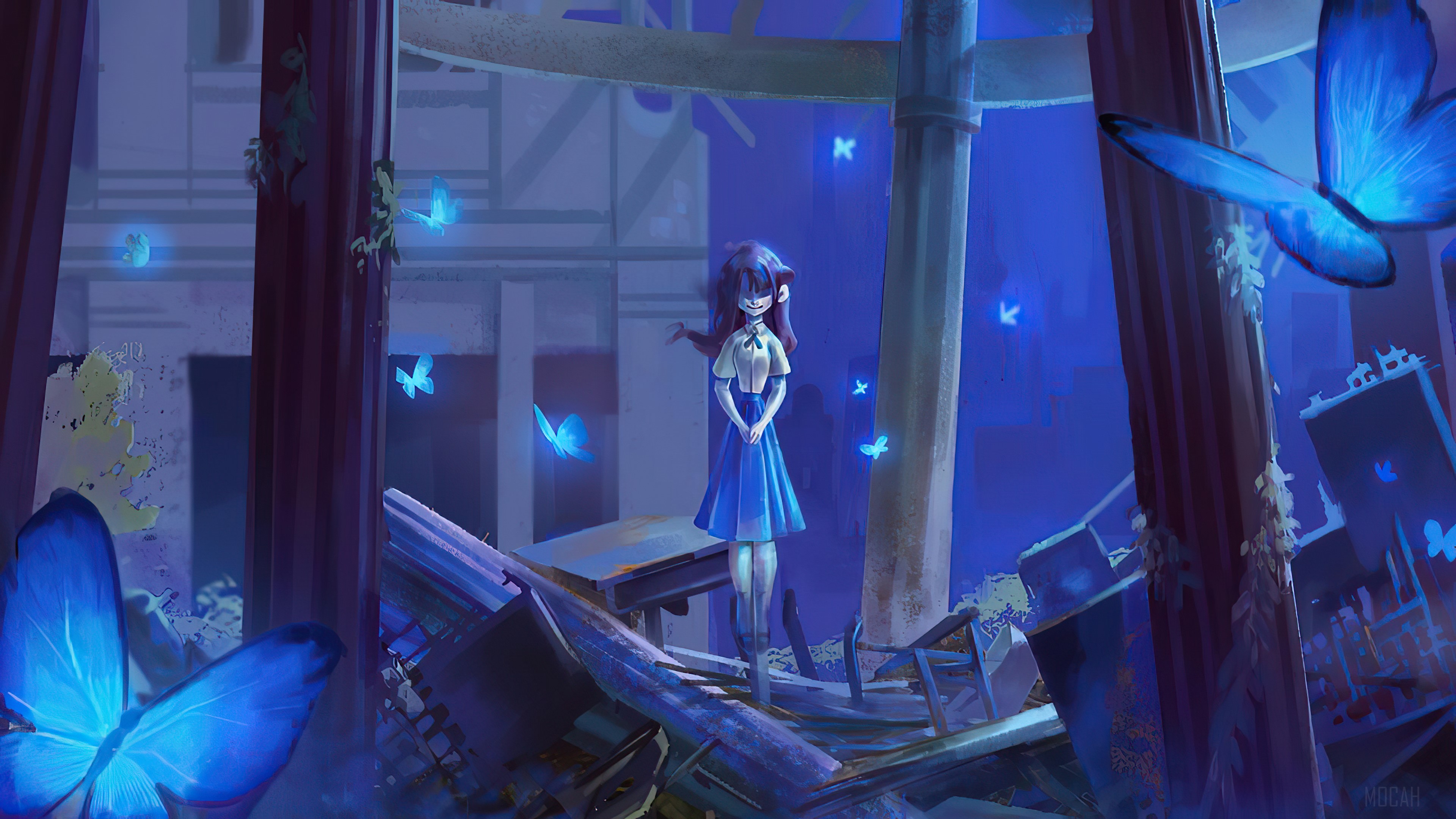 Girl in ruined building with blue butterflies 4K HD Wallpaper
