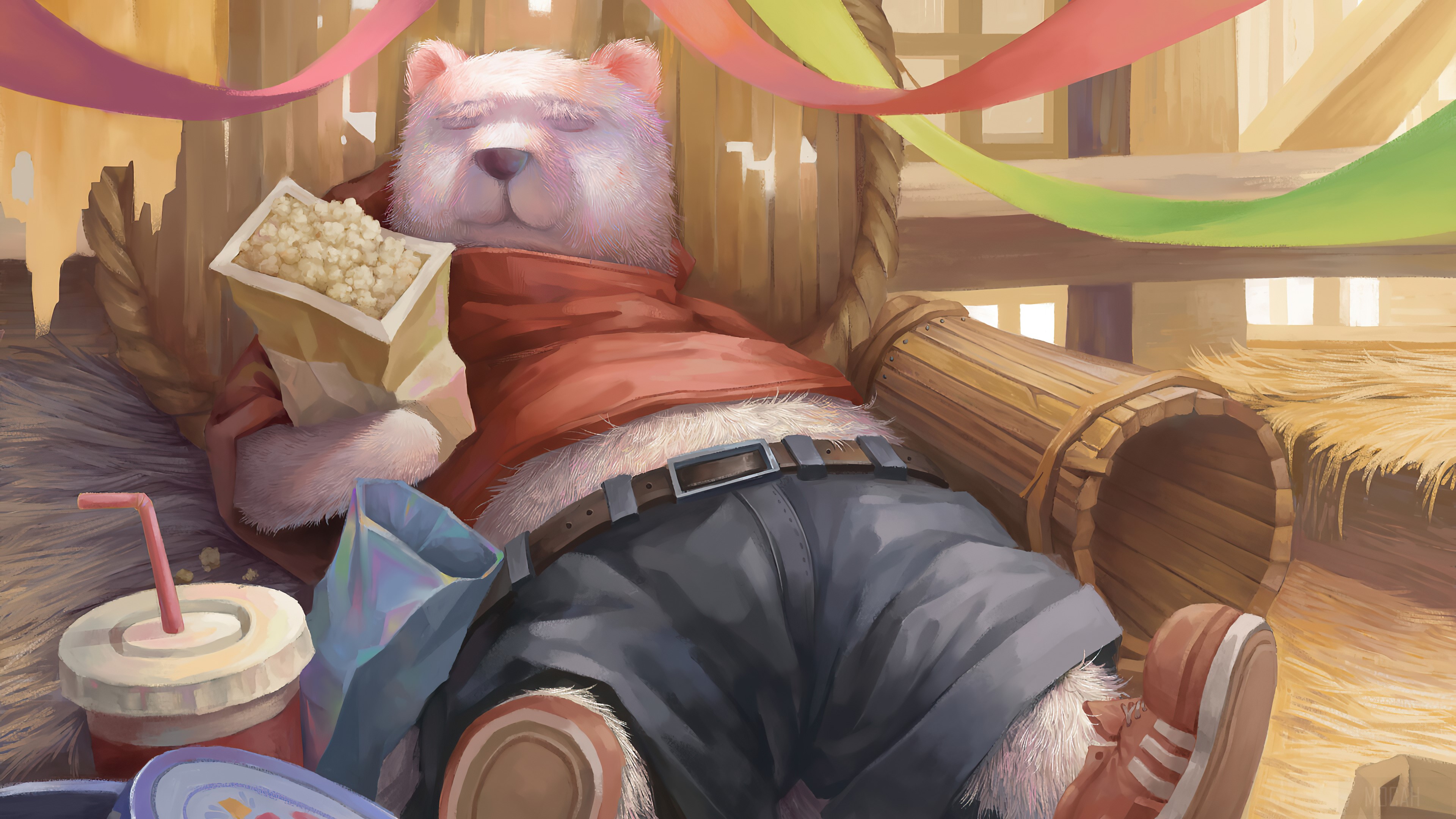 A sleeping bear with popcorn and soda HD Wallpaper