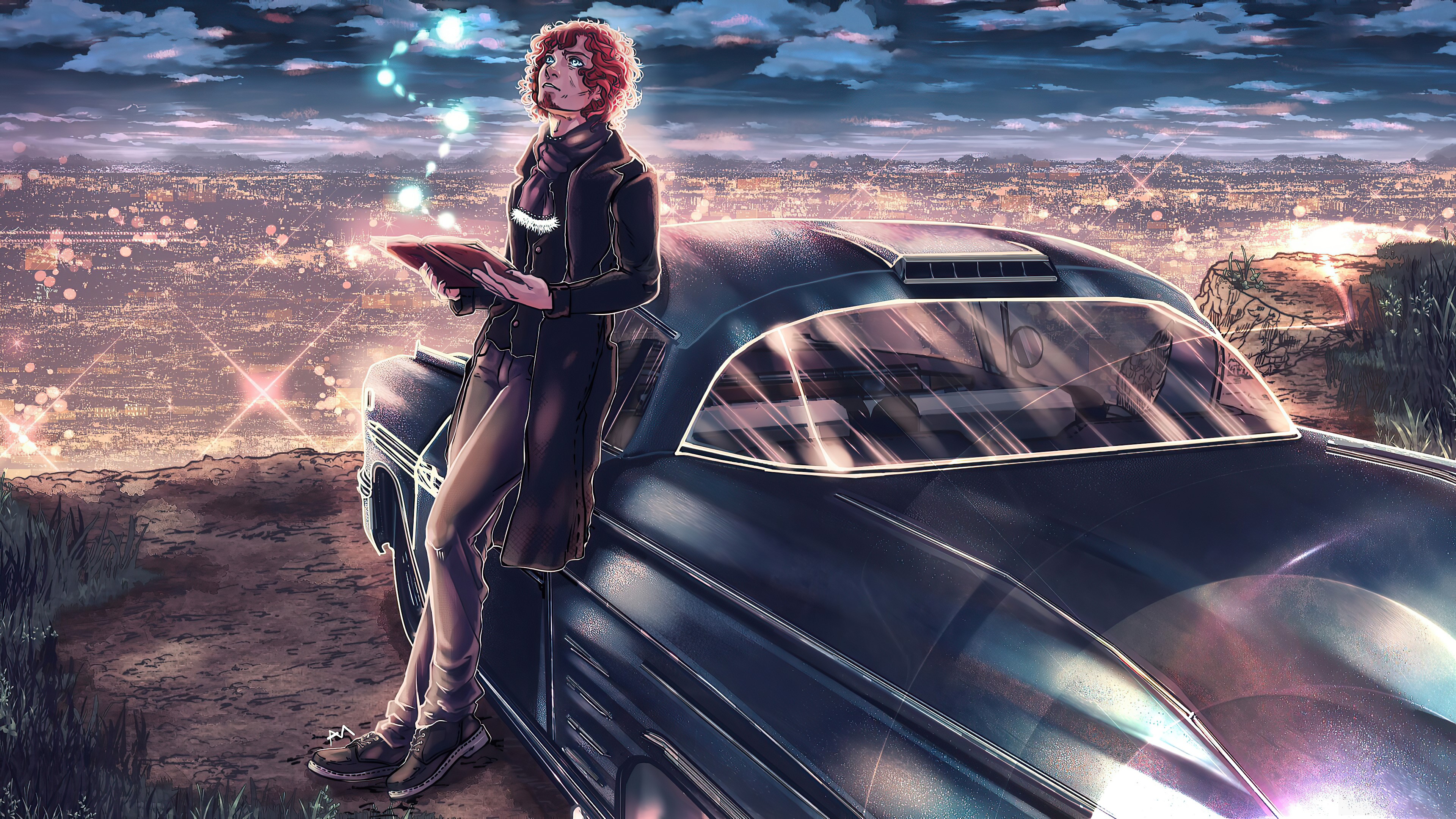 Man with Vintage Car overlooking Cityscape 4K HD Wallpaper