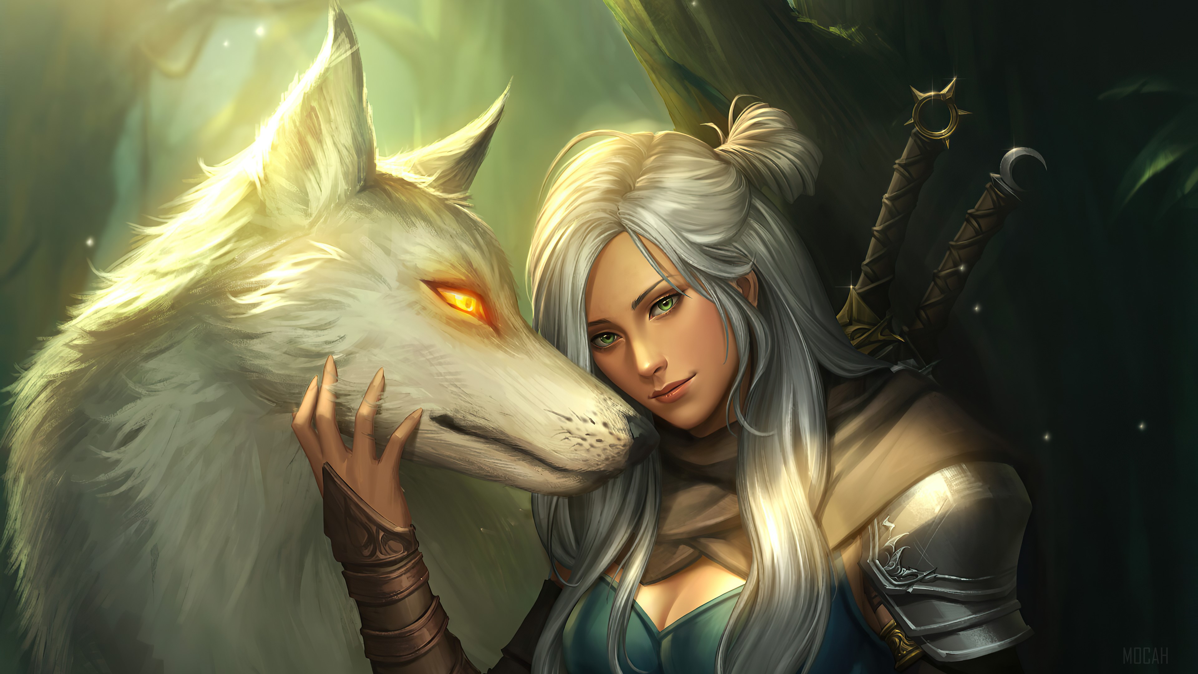 Erelina with a wolf in a forest 4K HD Wallpaper