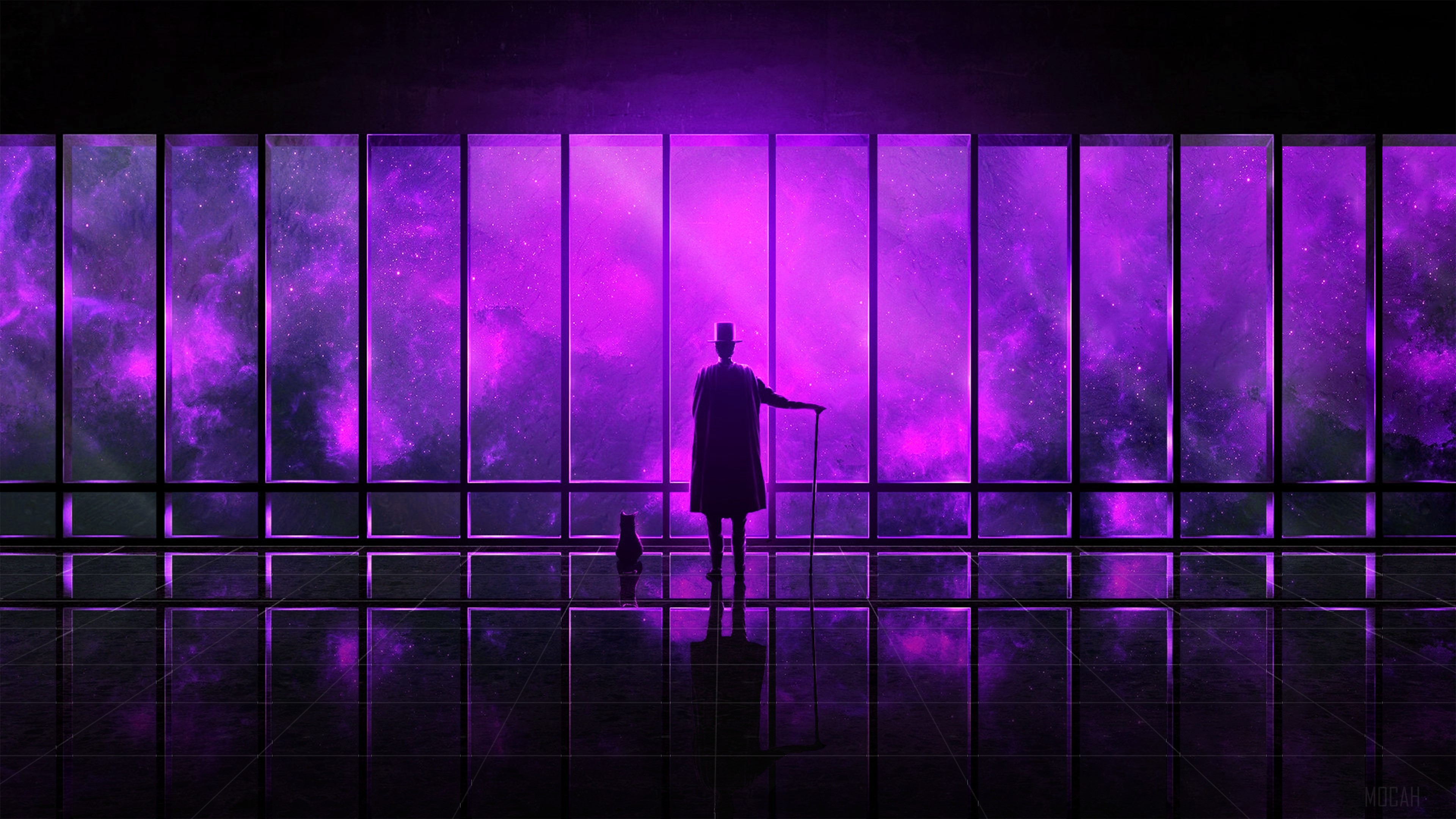 Man in Top Hat and Cat Watching Galaxy Through Window 4K HD Wallpaper