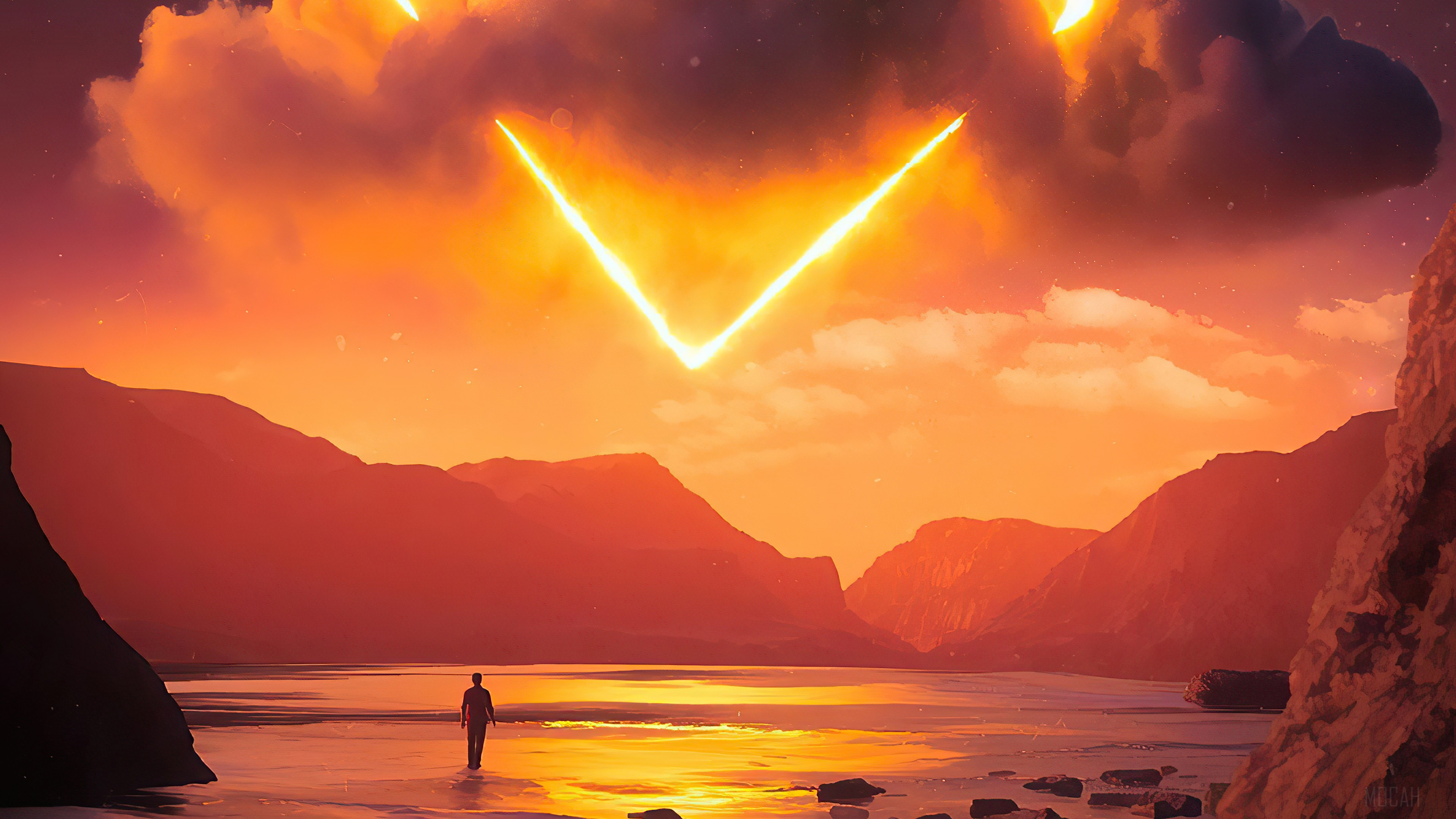 Man walks into a lake with a V-shaped light in the sky HD Wallpaper