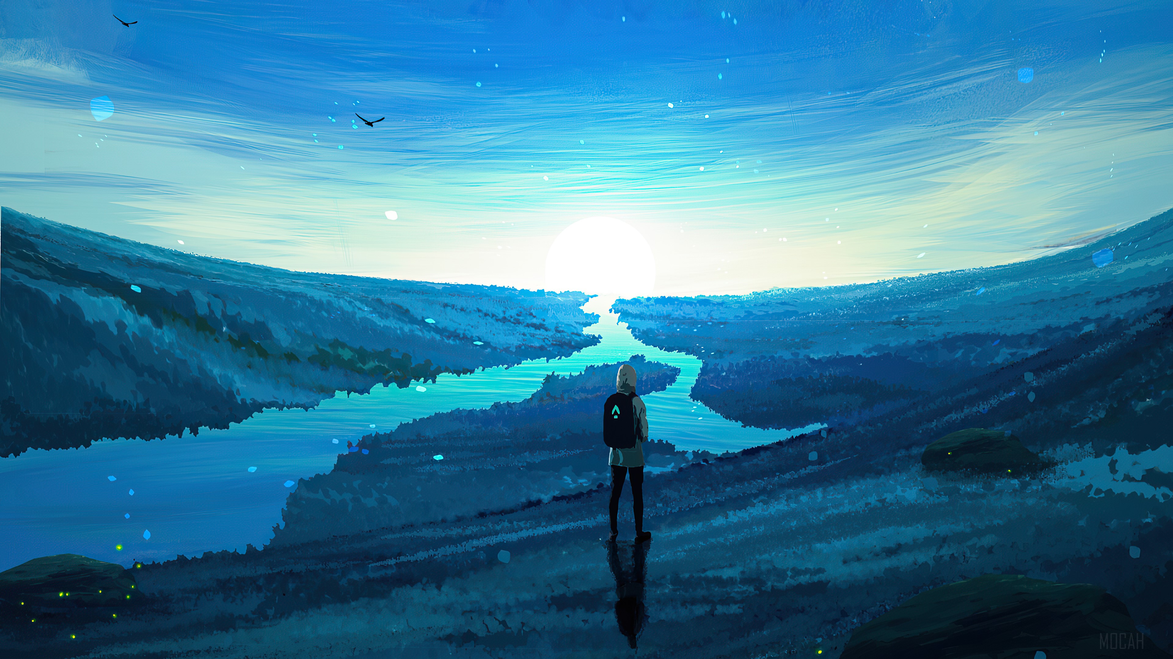 Person standing by a river at sunrise 4K HD Wallpaper