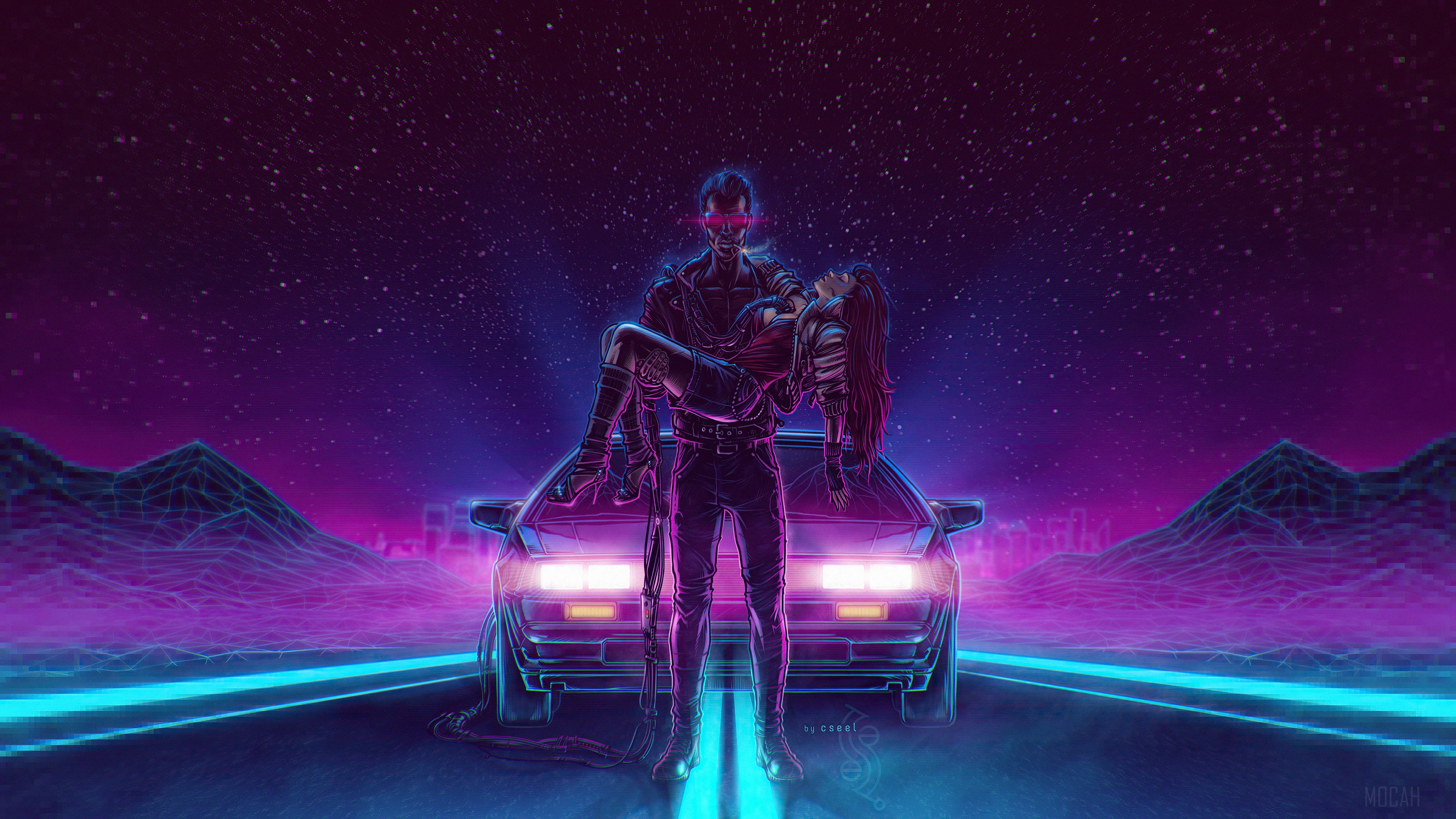 Man carrying woman in front of car with retro landscape 4K HD Wallpaper