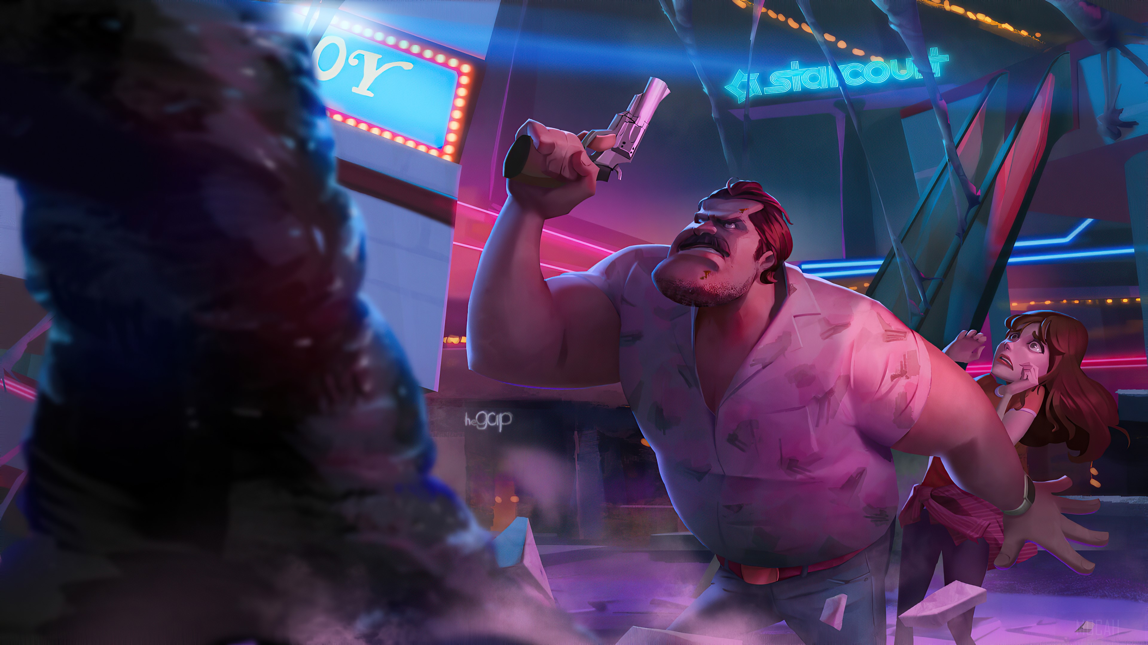 Hopper and Joyce from Stranger Things at Starcourt Mall HD Wallpaper