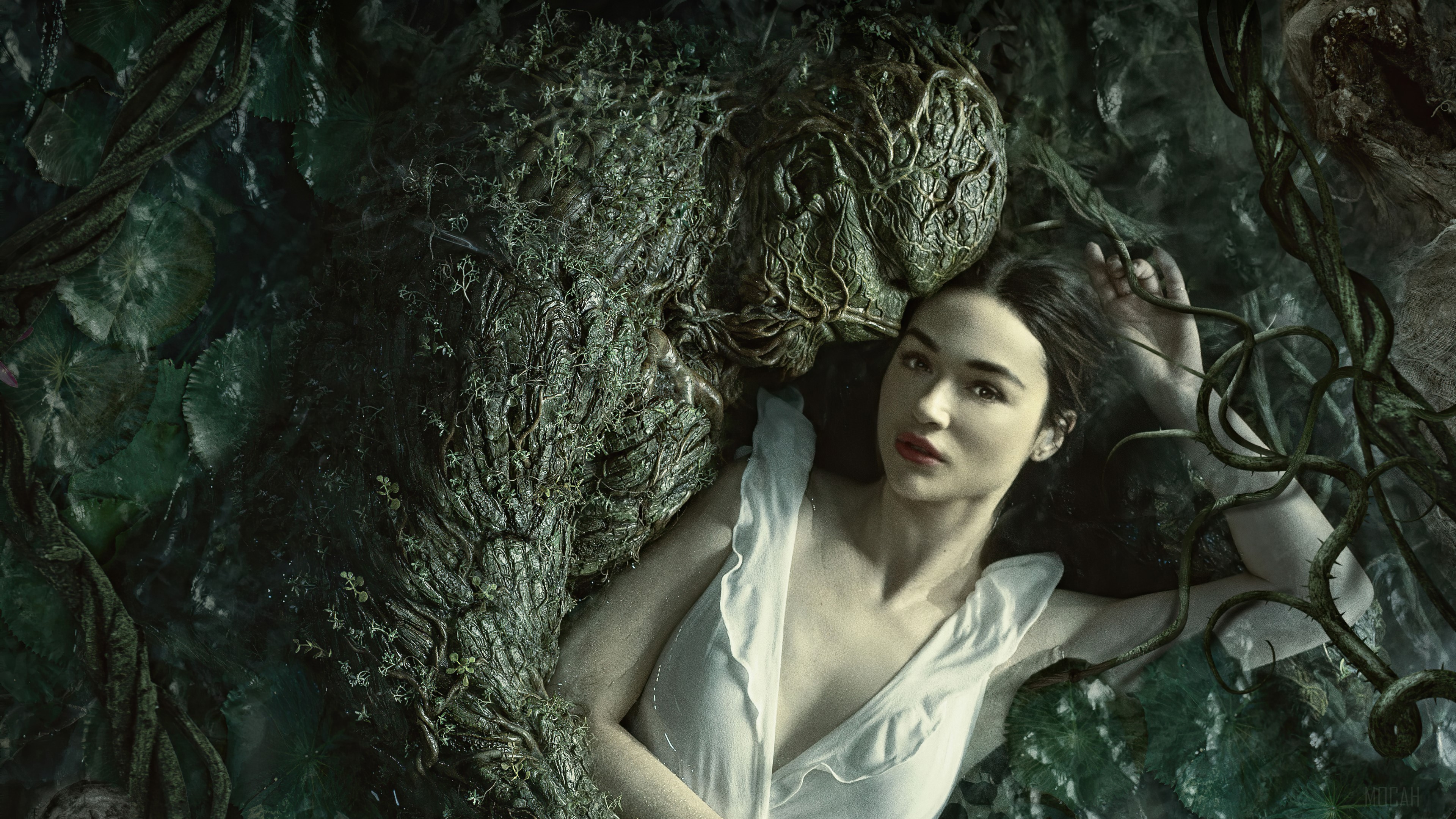 Swamp Thing and woman in white dress HD Wallpaper