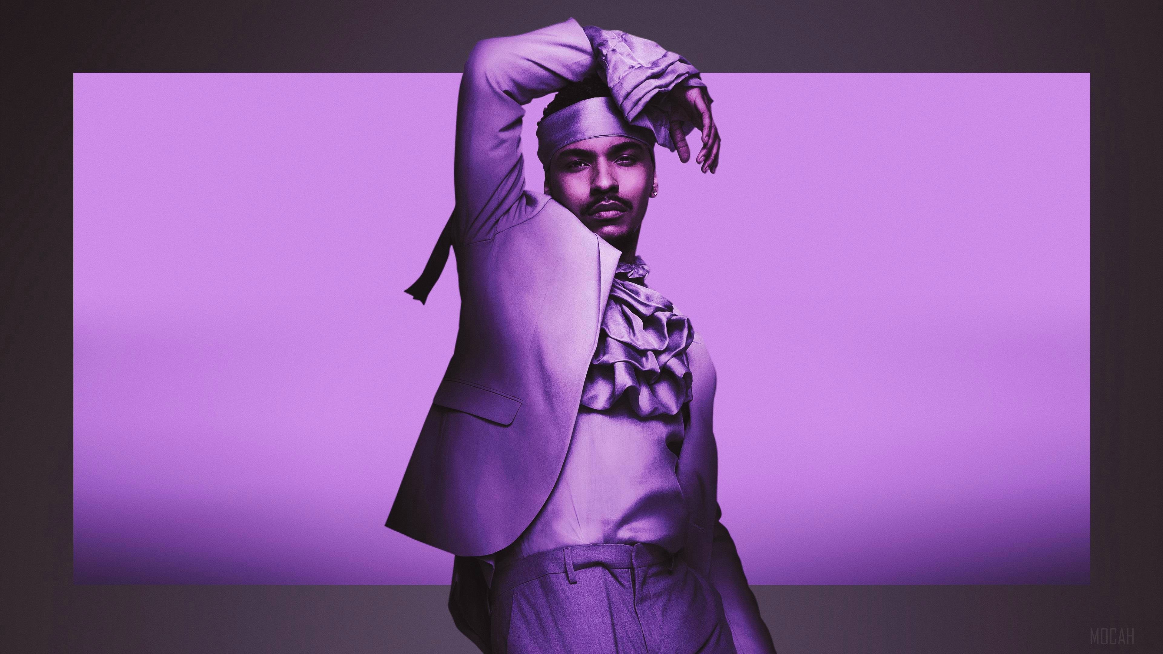 Man in purple suit and ruffled shirt HD Wallpaper
