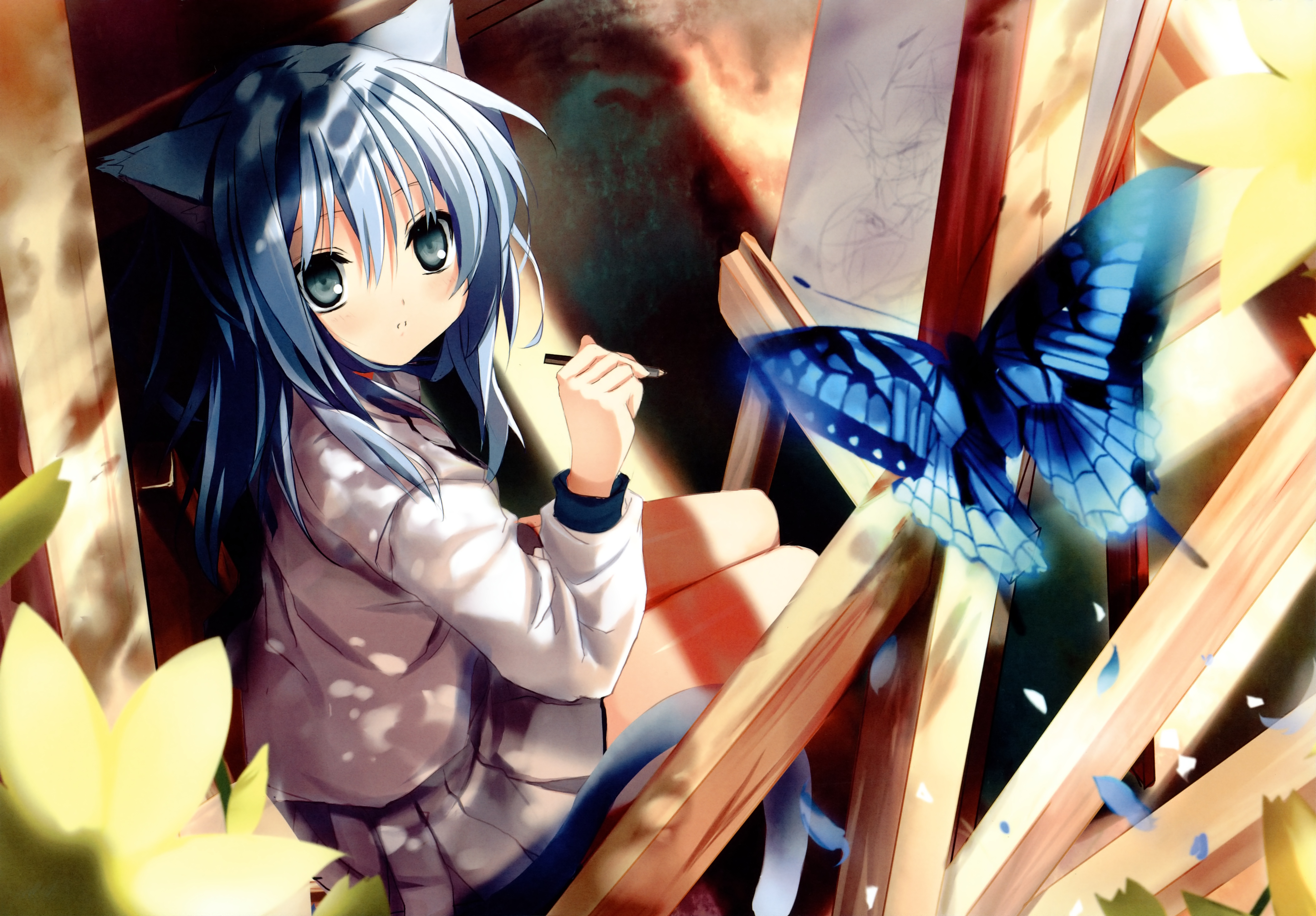 Catgirl drawing a butterfly HD Wallpaper