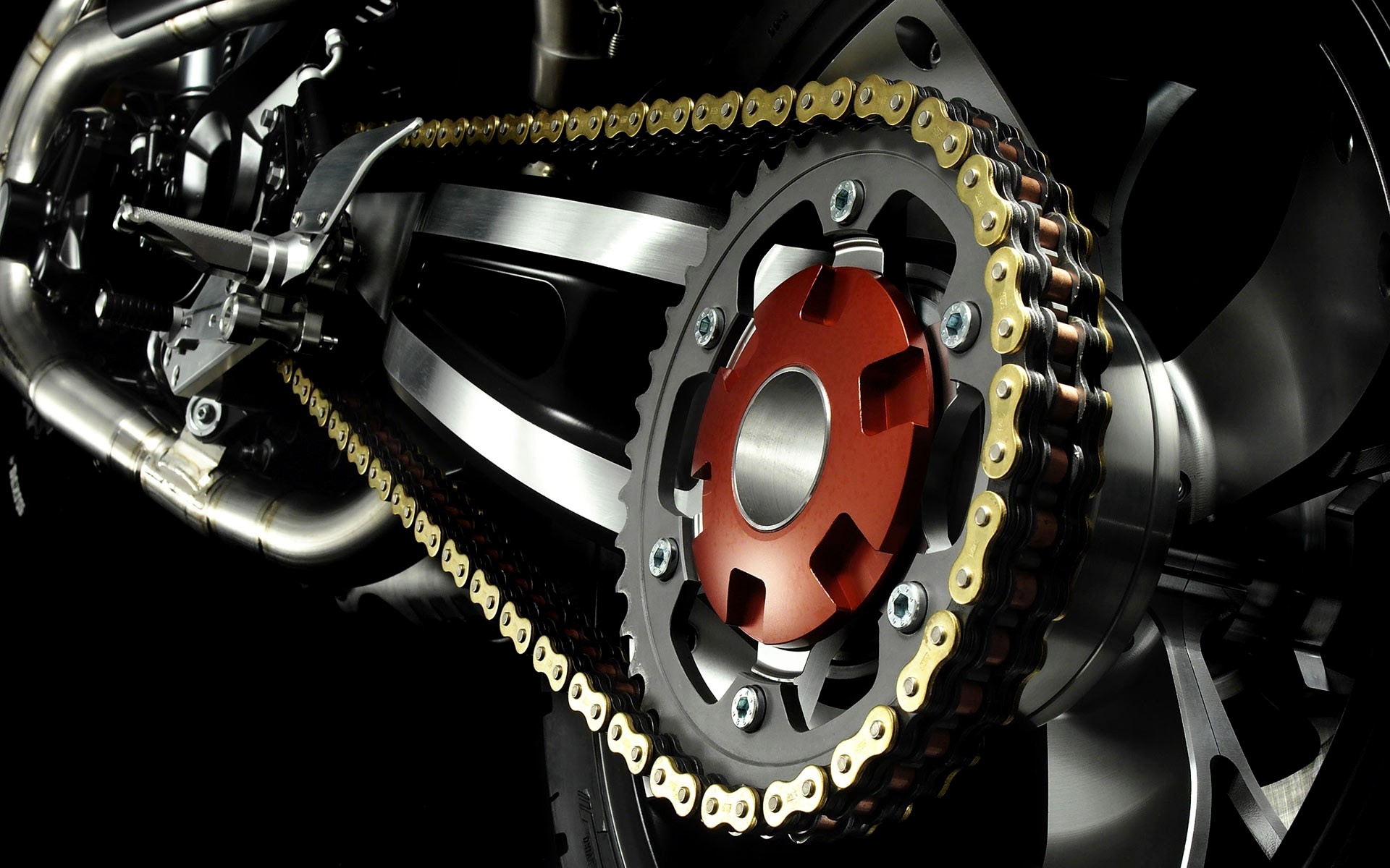 Motorcycle chain and sprocket detail HD Wallpaper