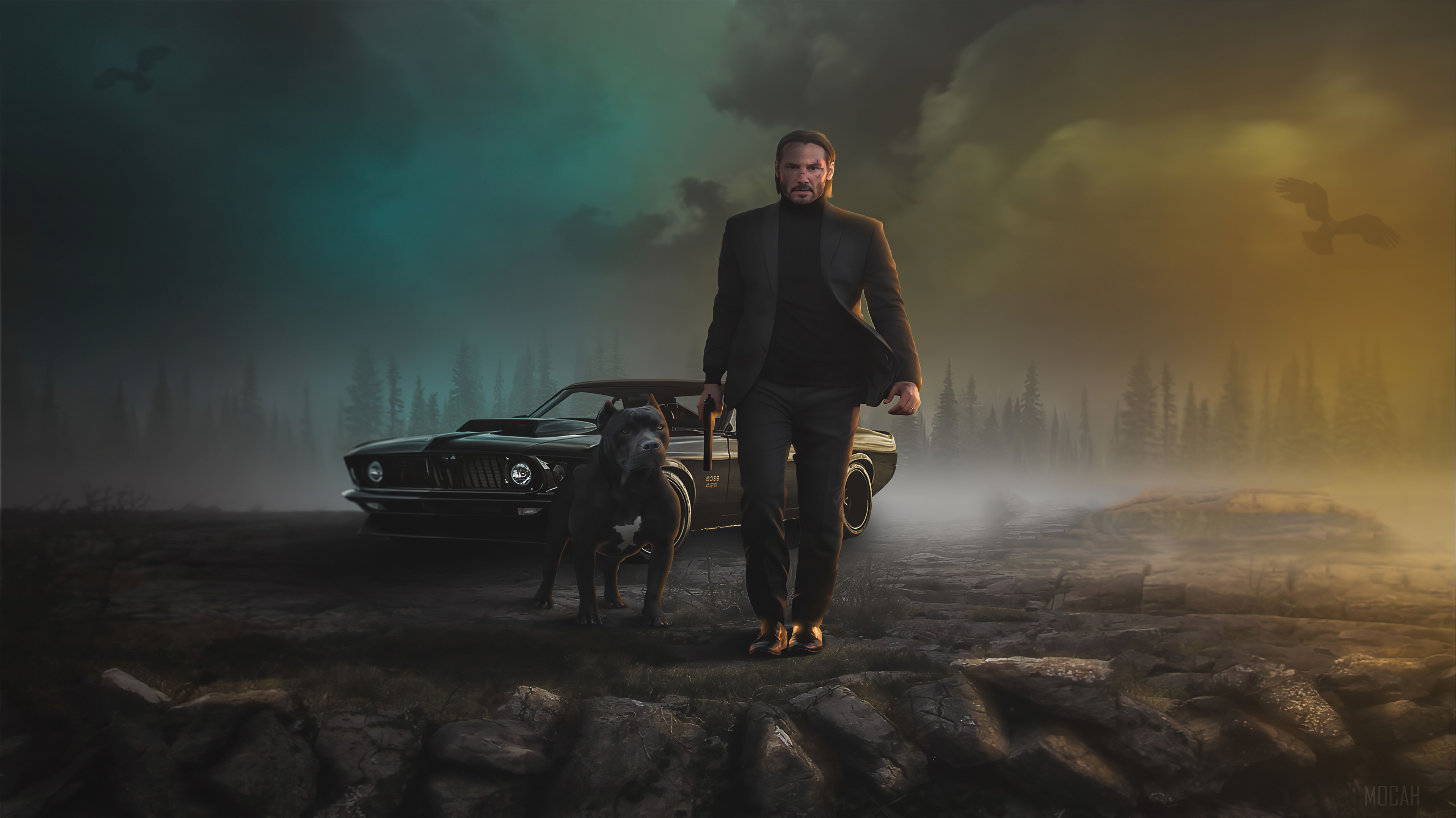 John Wick with Dog and Car 4K HD Wallpaper