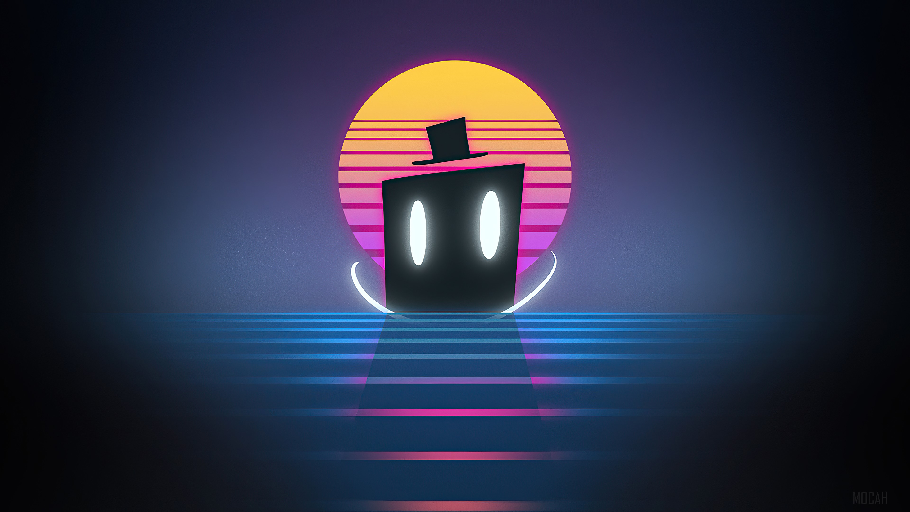 Synthwave character with top hat and glowing eyes HD Wallpaper