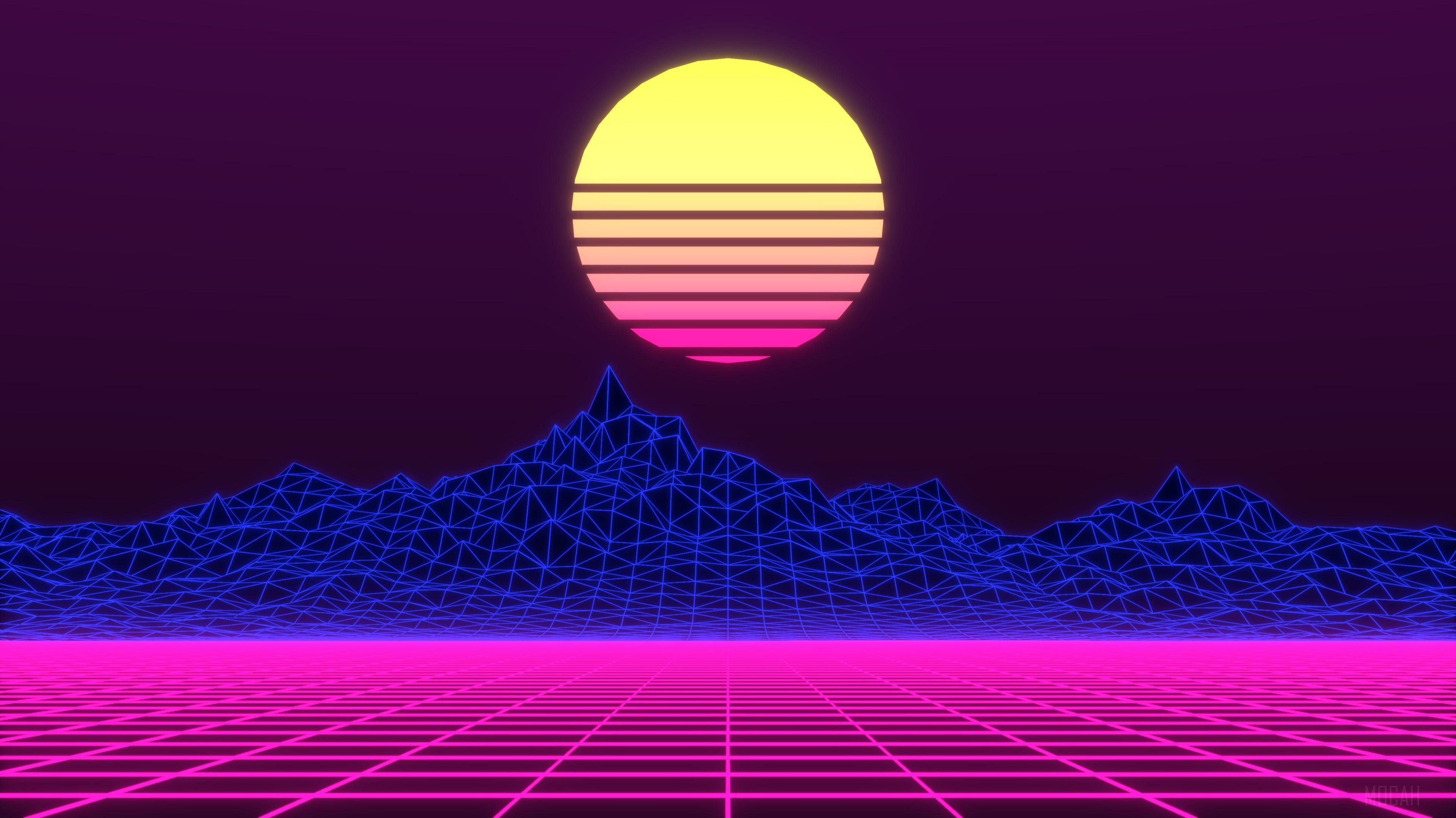 Neon Retrowave Landscape with Sun and Mountains 4K HD Wallpaper