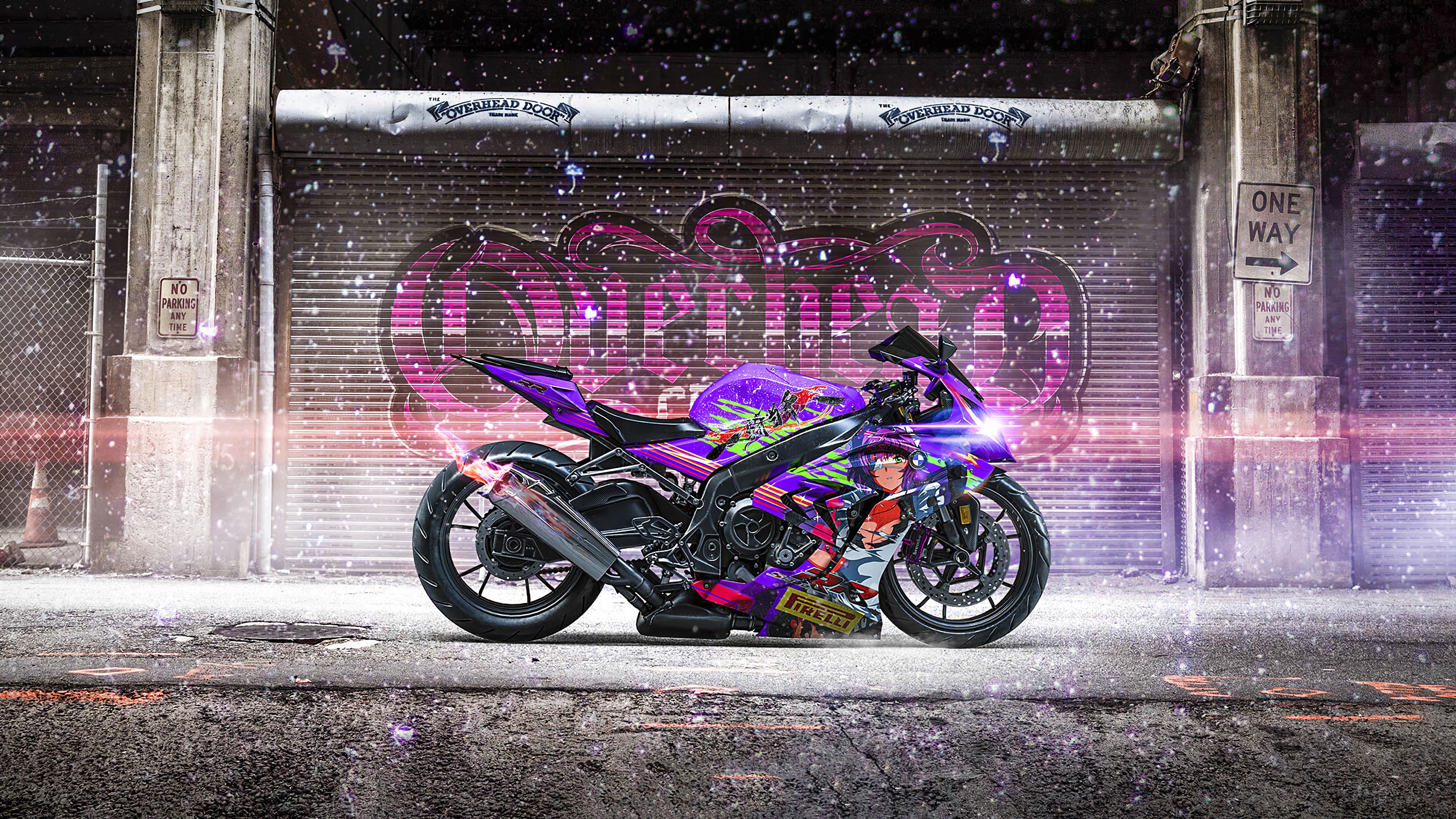 Purple sport motorcycle with anime graphics 4K HD Wallpaper