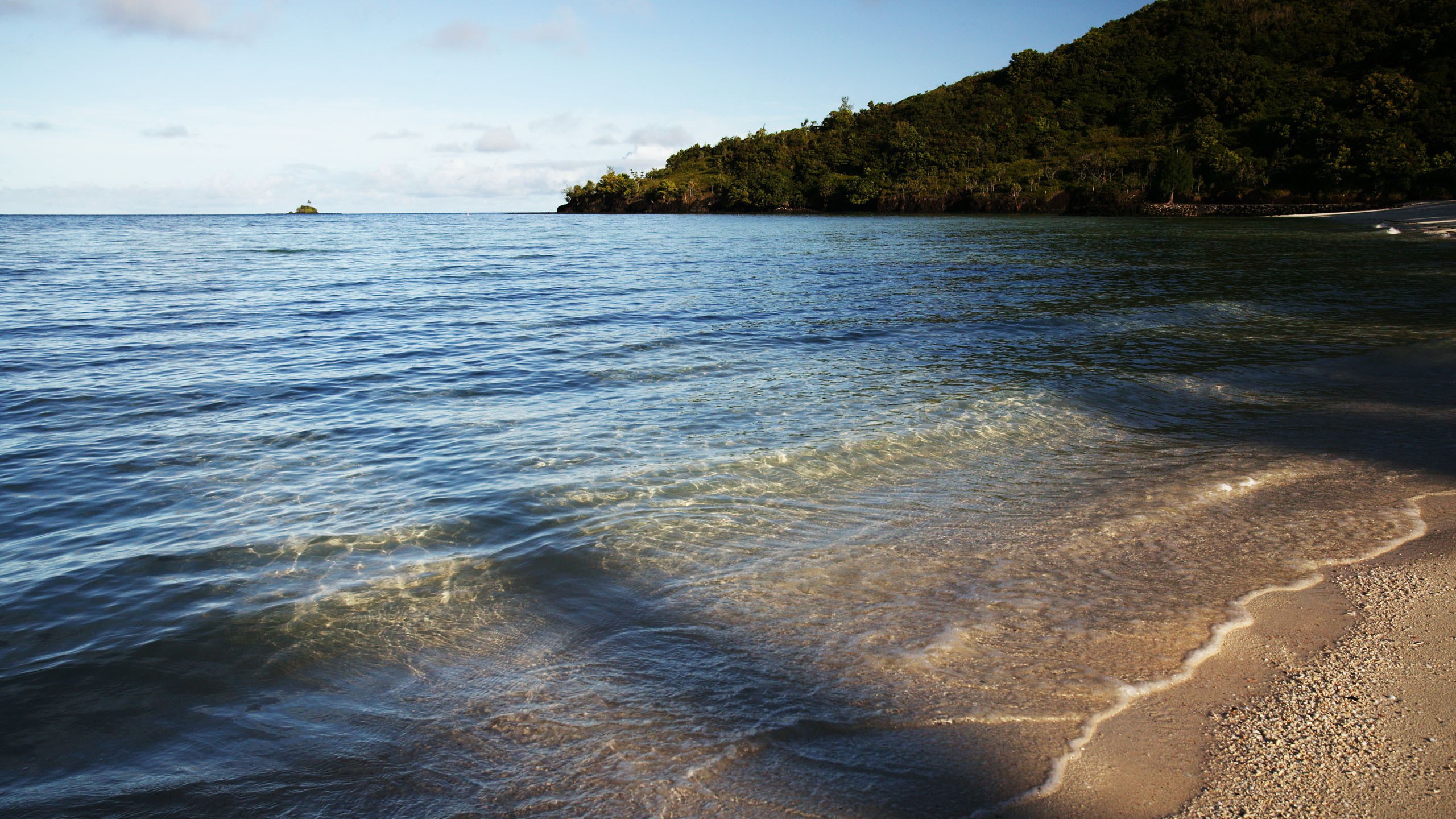 Tropical beach with calm ocean and lush green hill HD Wallpaper