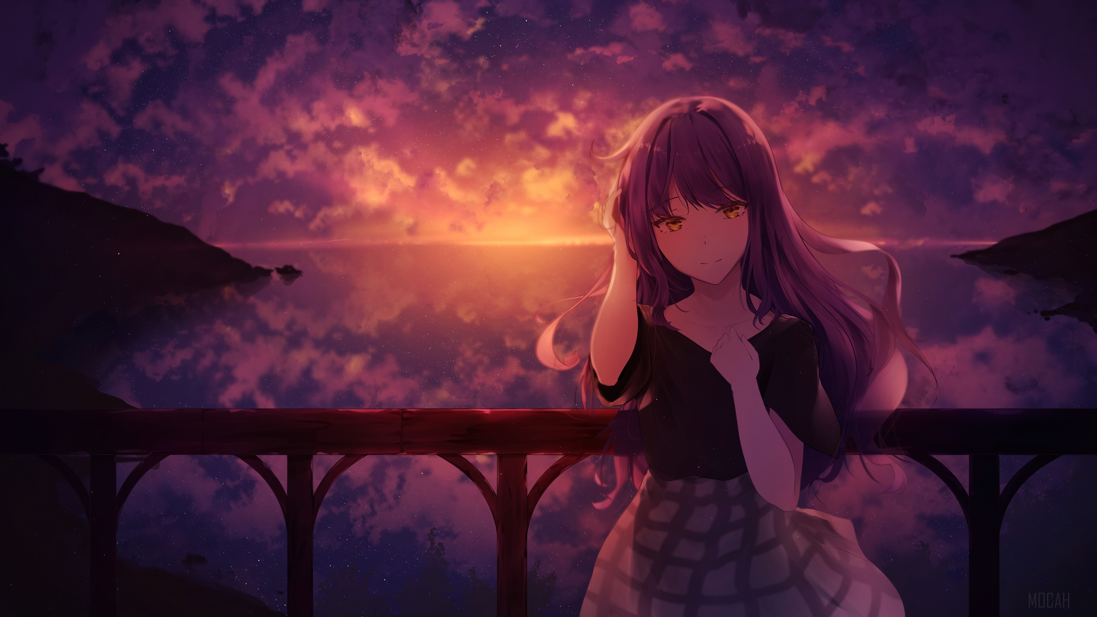Anime Girl Watching Sunset Over Water 4K HD Wallpaper