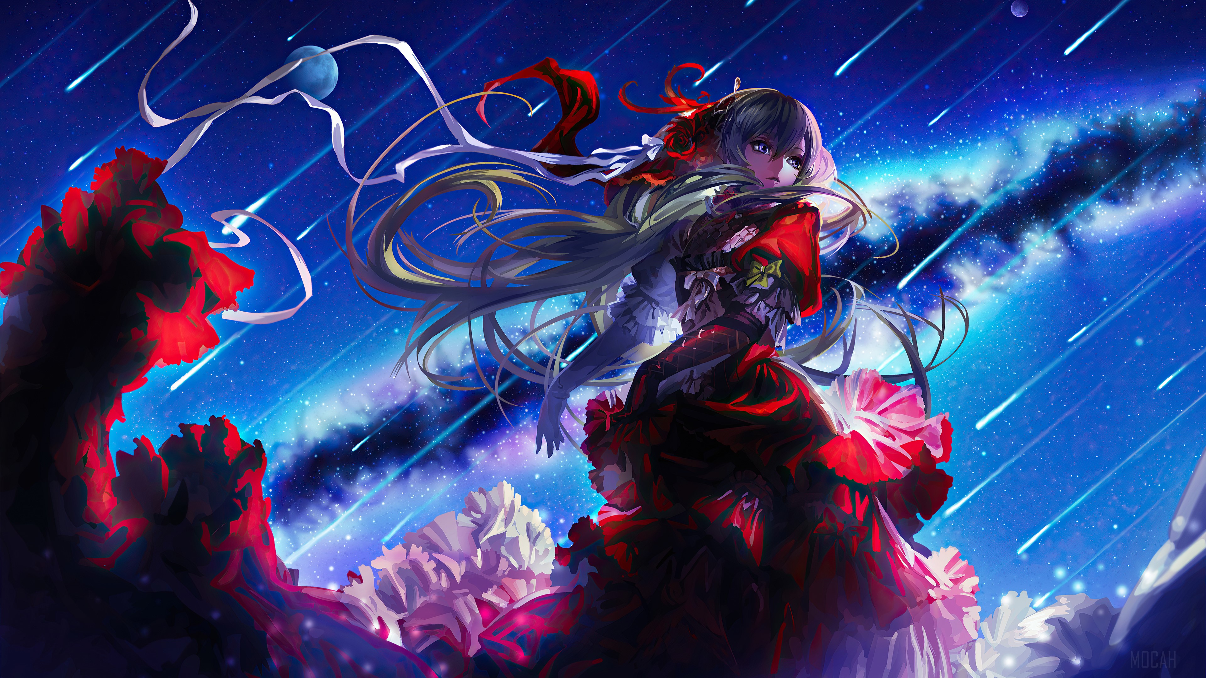 Hatsune Miku with long hair in a starry sky HD Wallpaper