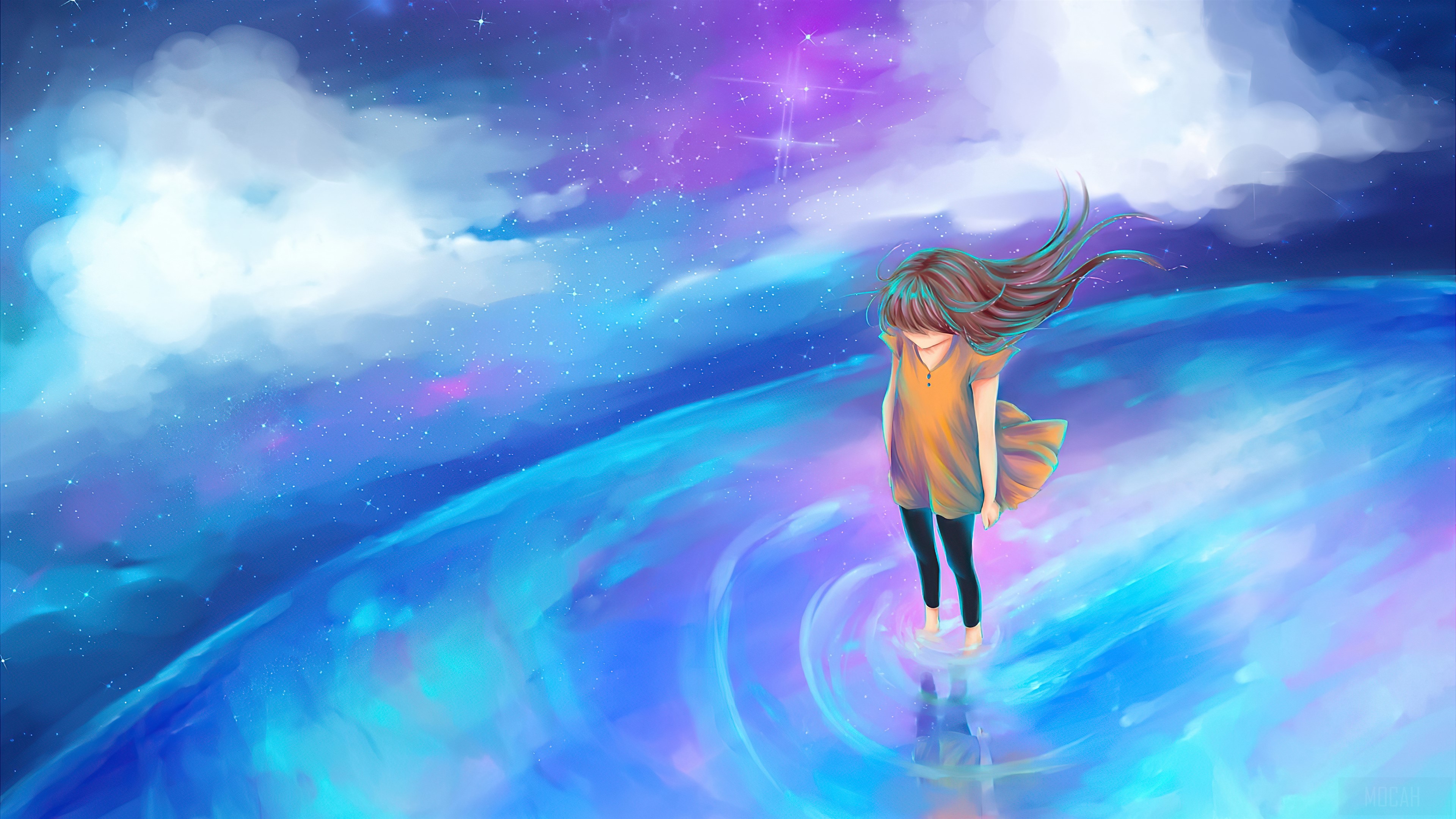 Girl standing on a swirling planet in space HD Wallpaper