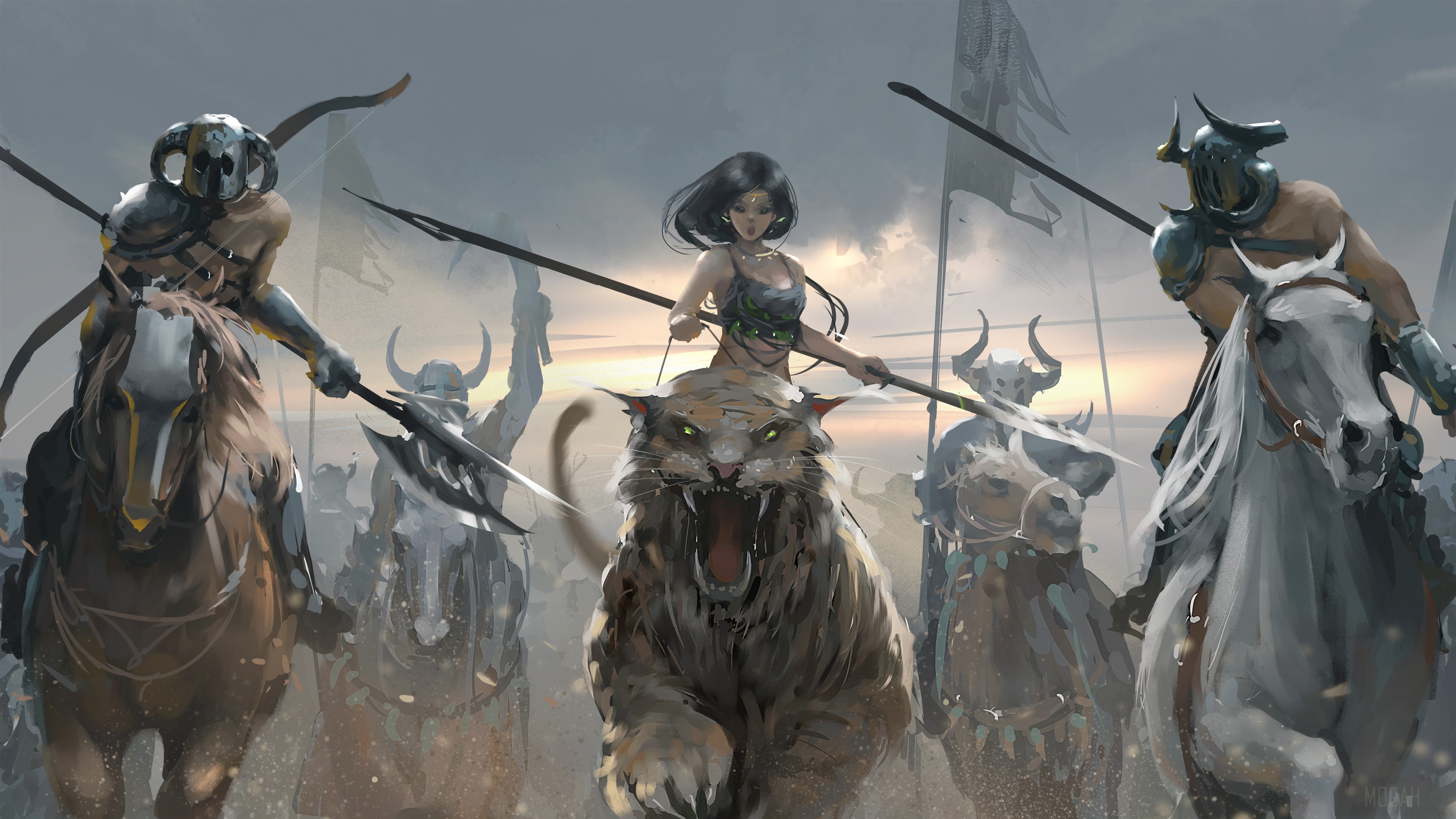 Warrior Girl Riding Tiger with Army 4K HD Wallpaper