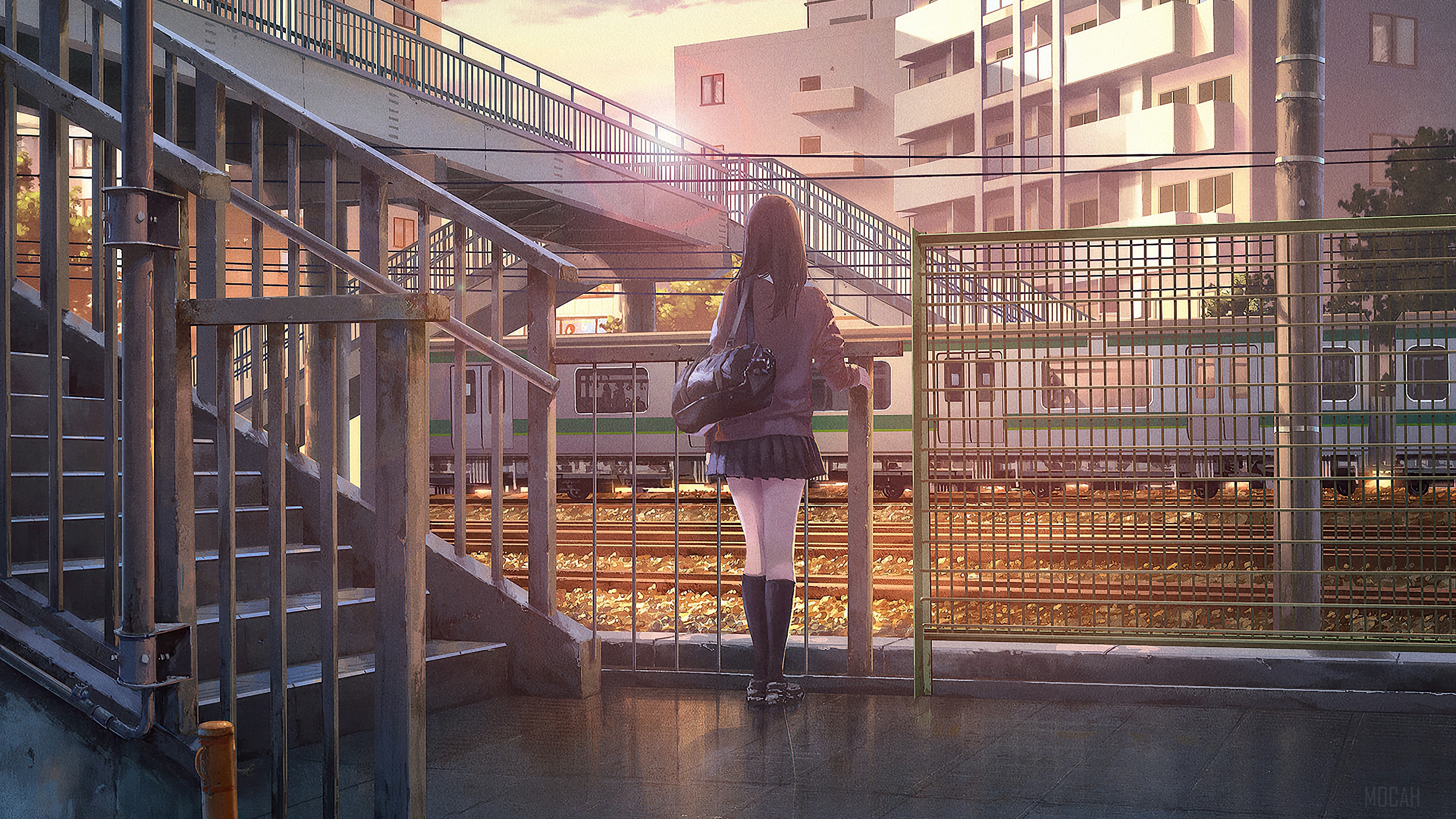 Anime Girl on Platform Watching Train 4K HD Wallpaper
