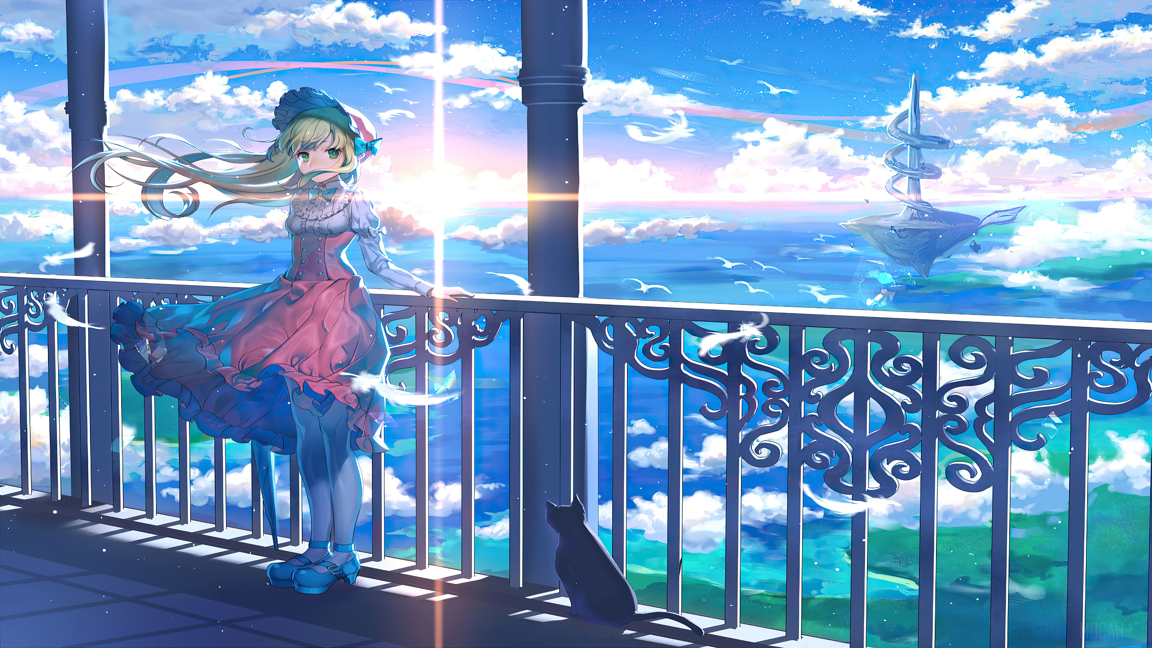 Girl and cat on balcony overlooking ocean with floating island HD Wallpaper