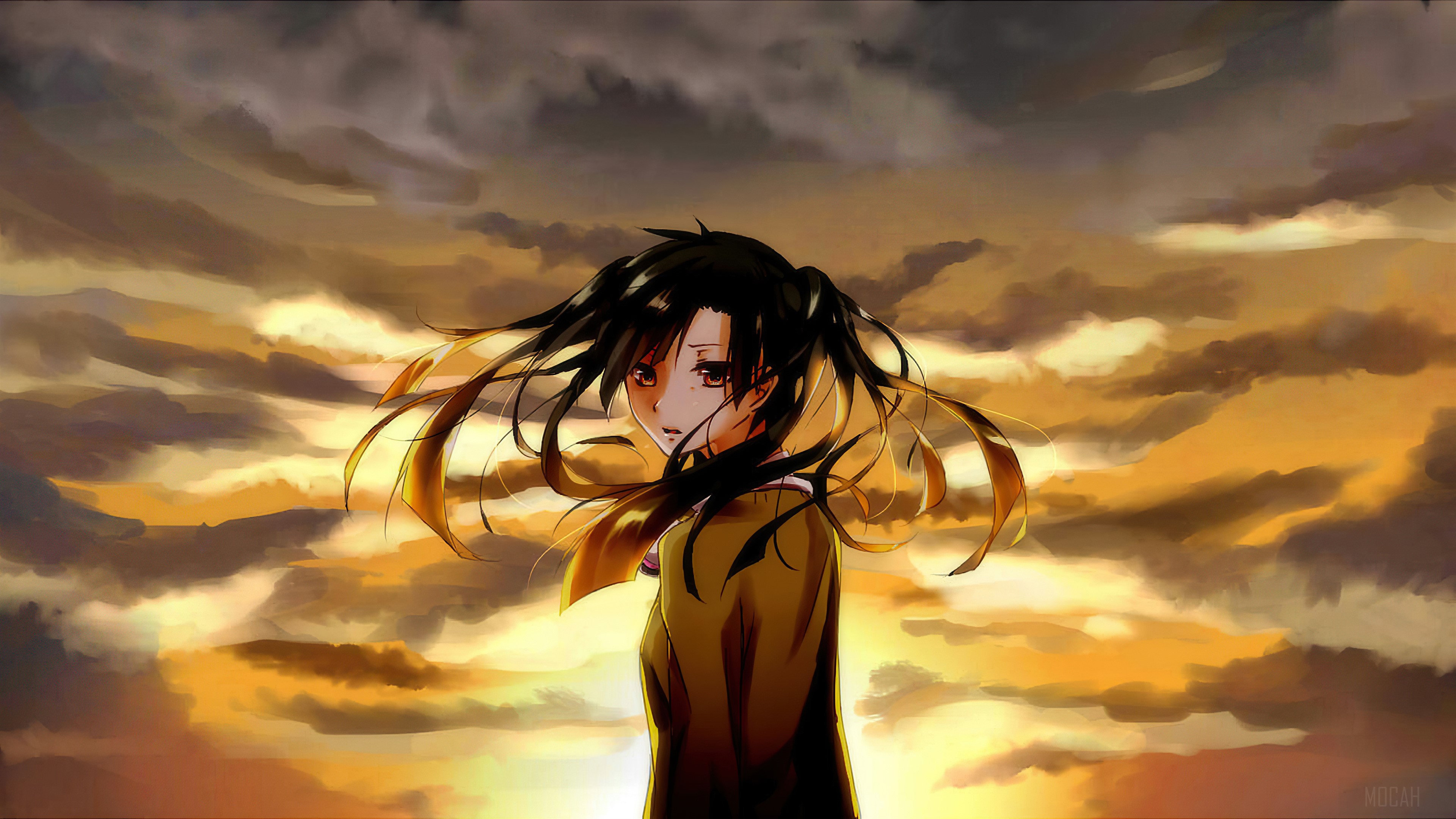 Anime Girl with Twintails in Sunset Sky 4K HD Wallpaper