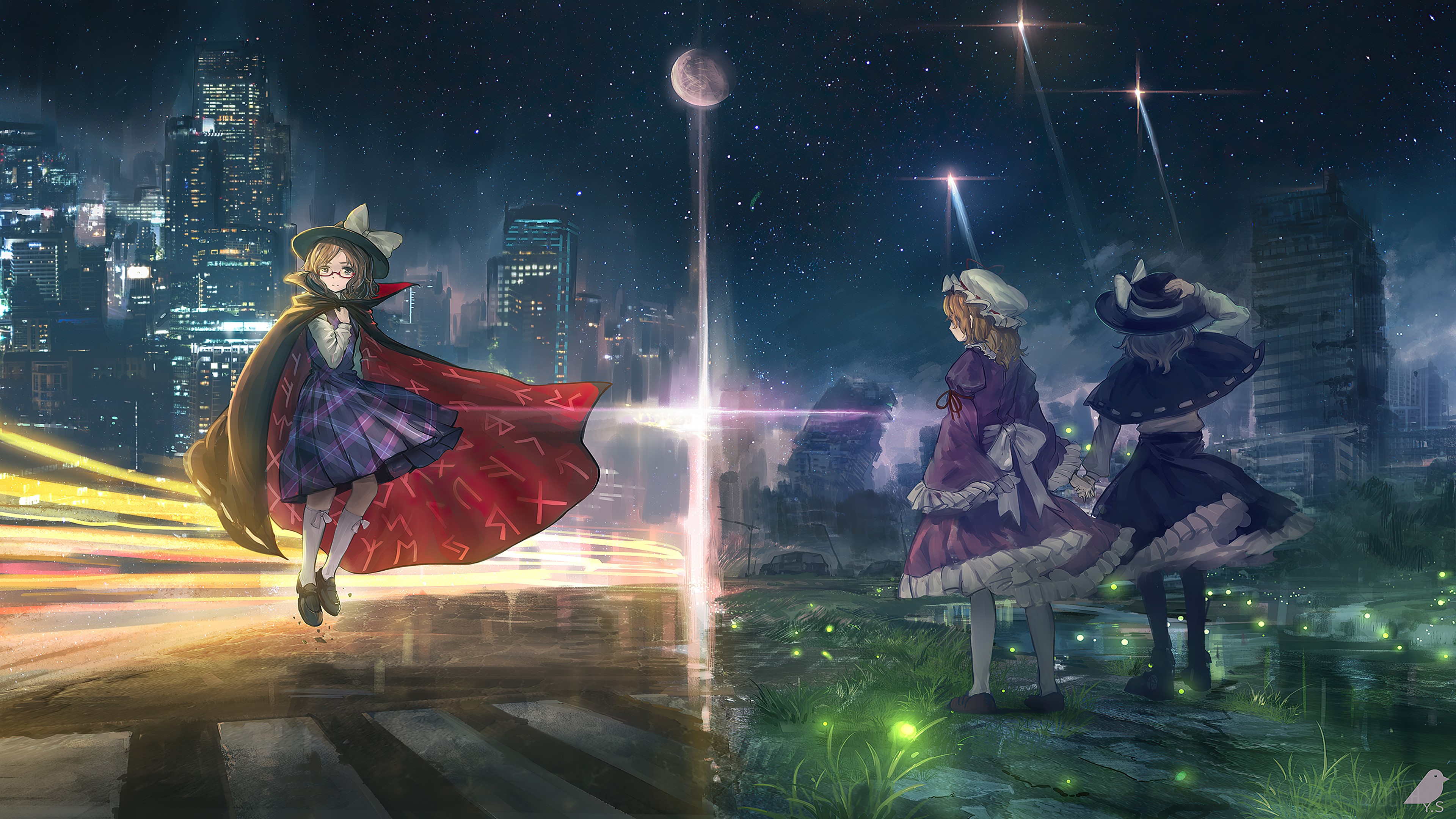 Maribel Hearn and Renko Usami in a city at night HD Wallpaper