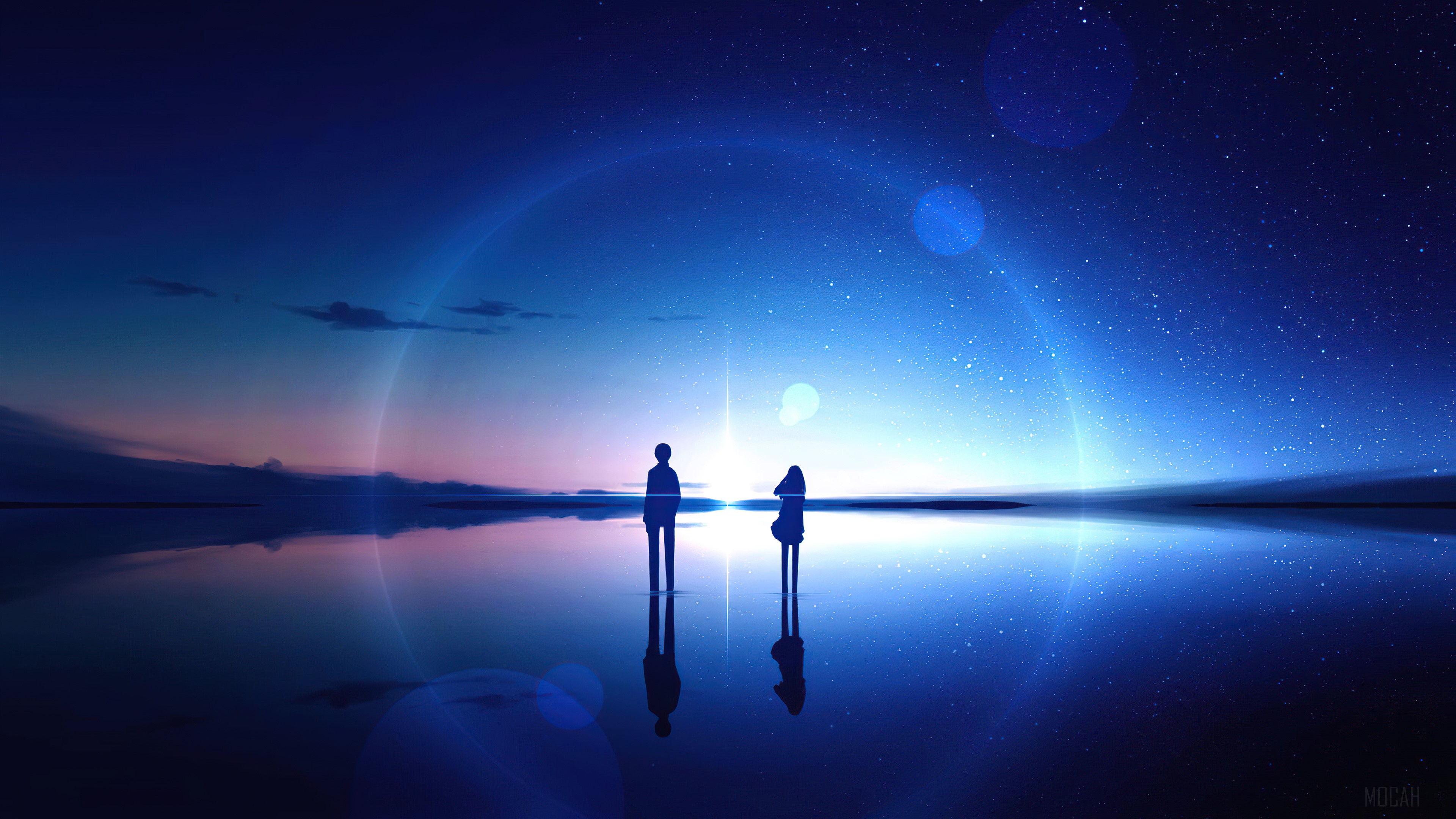 Anime couple watching stars reflection 4k HD Wallpaper