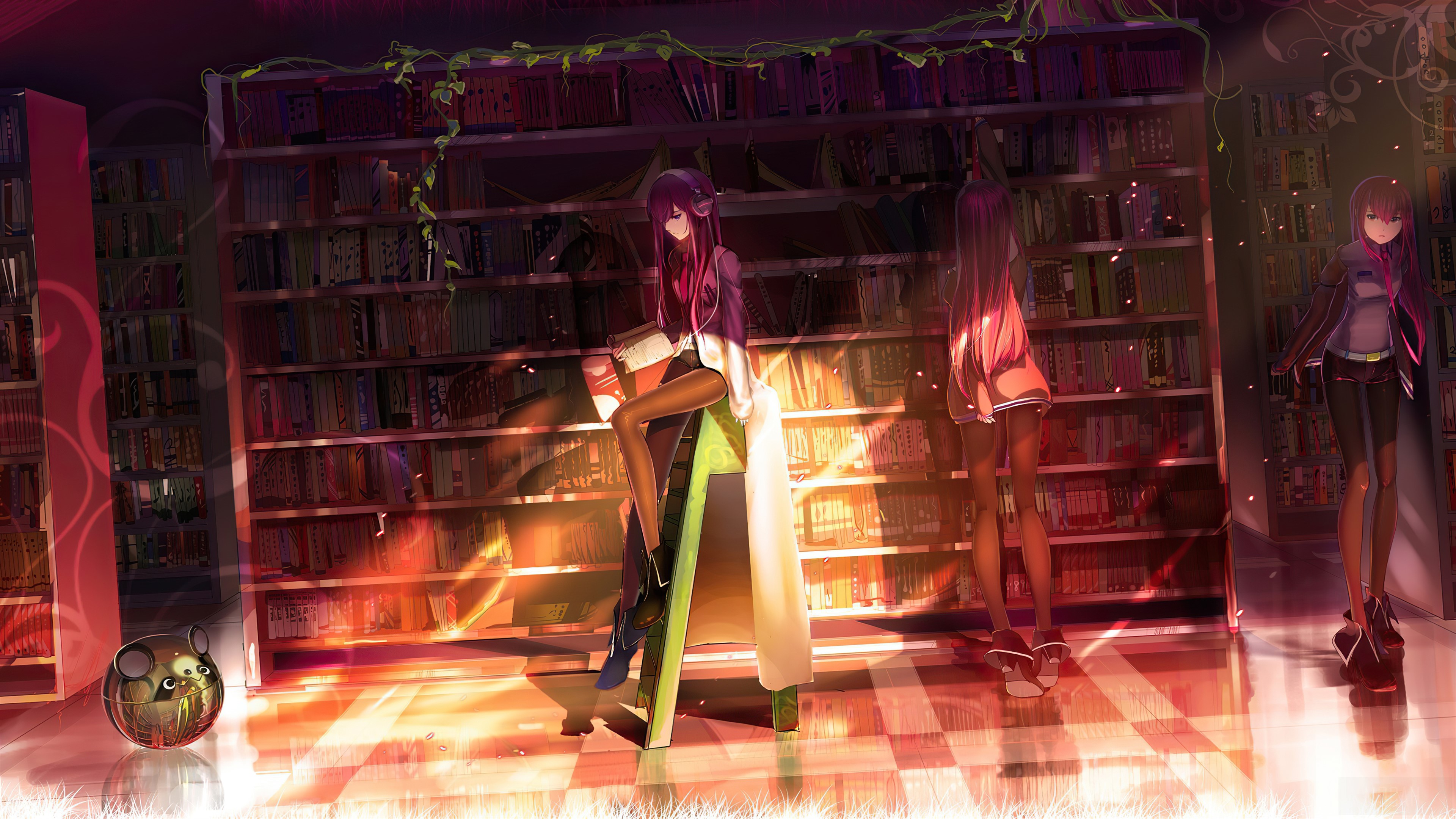 Makise Kurisu from Steins Gate in a library 4K HD Wallpaper