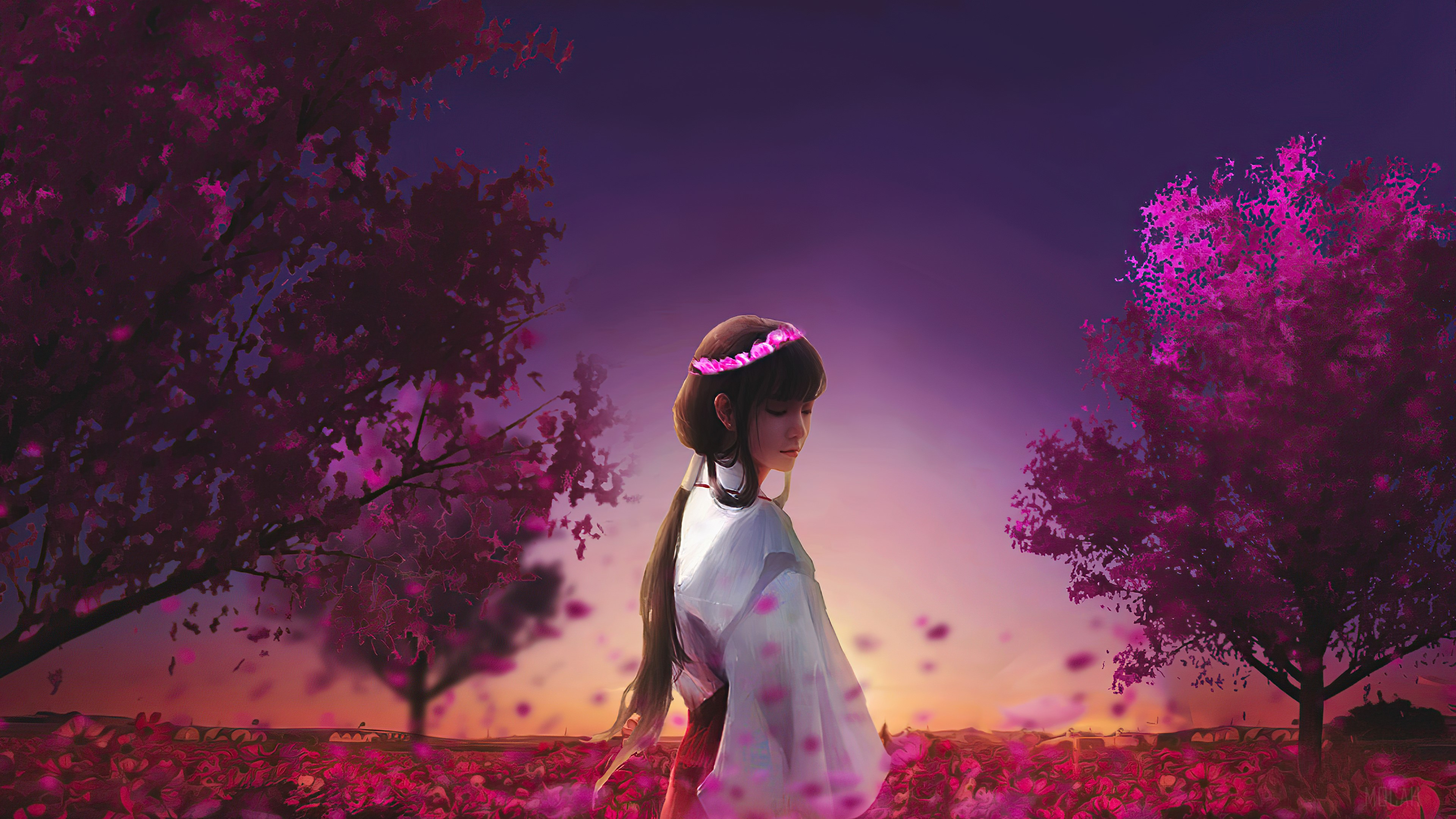 Anime Girl in Pink Flower Garden 4K HD Wallpaper