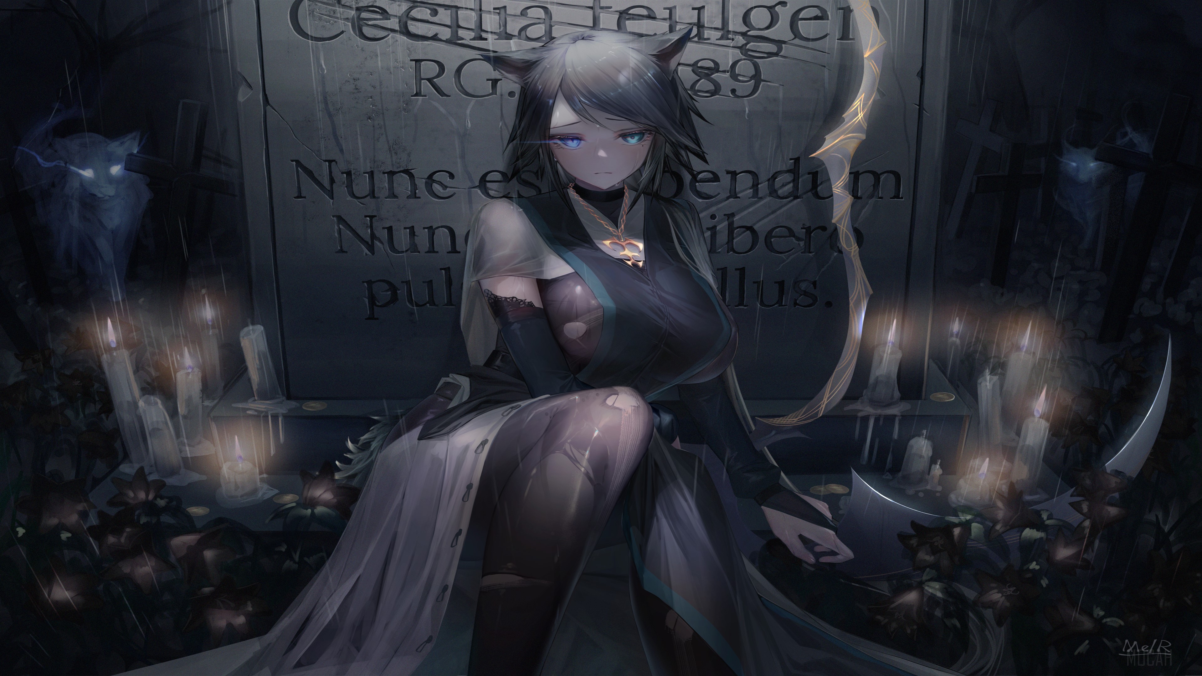 Anime Girl with Cat Ears in Cemetery 4K HD Wallpaper