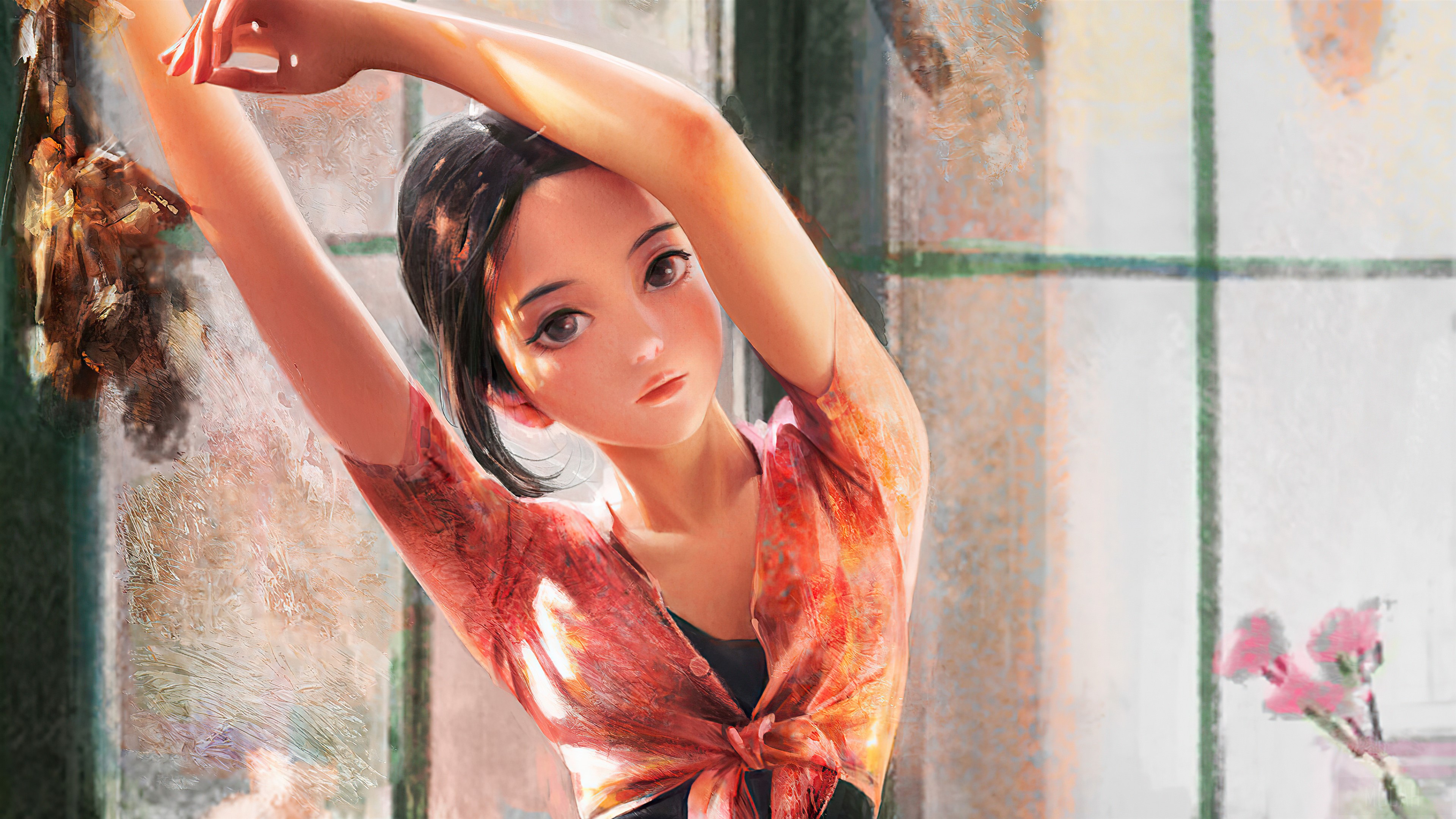 Anime Girl with Dark Hair by Window 4K HD Wallpaper