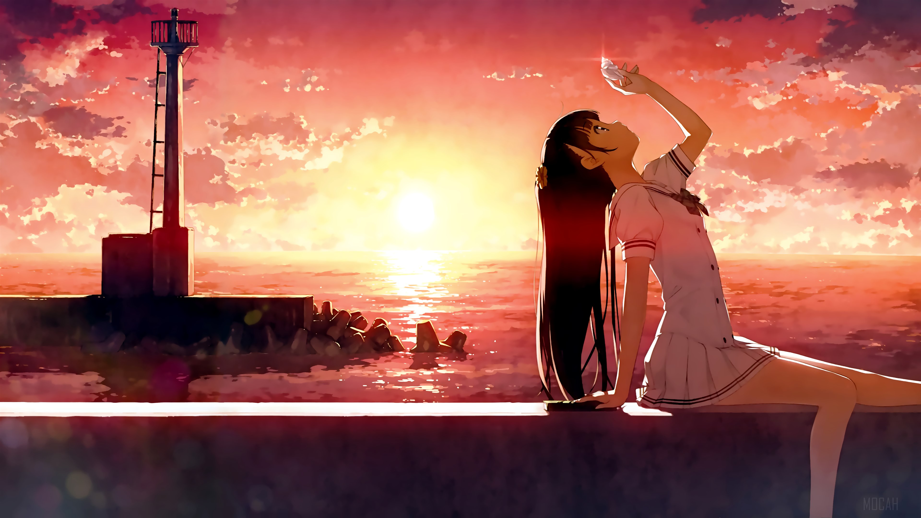 Girl by lighthouse at sunset 4K HD Wallpaper