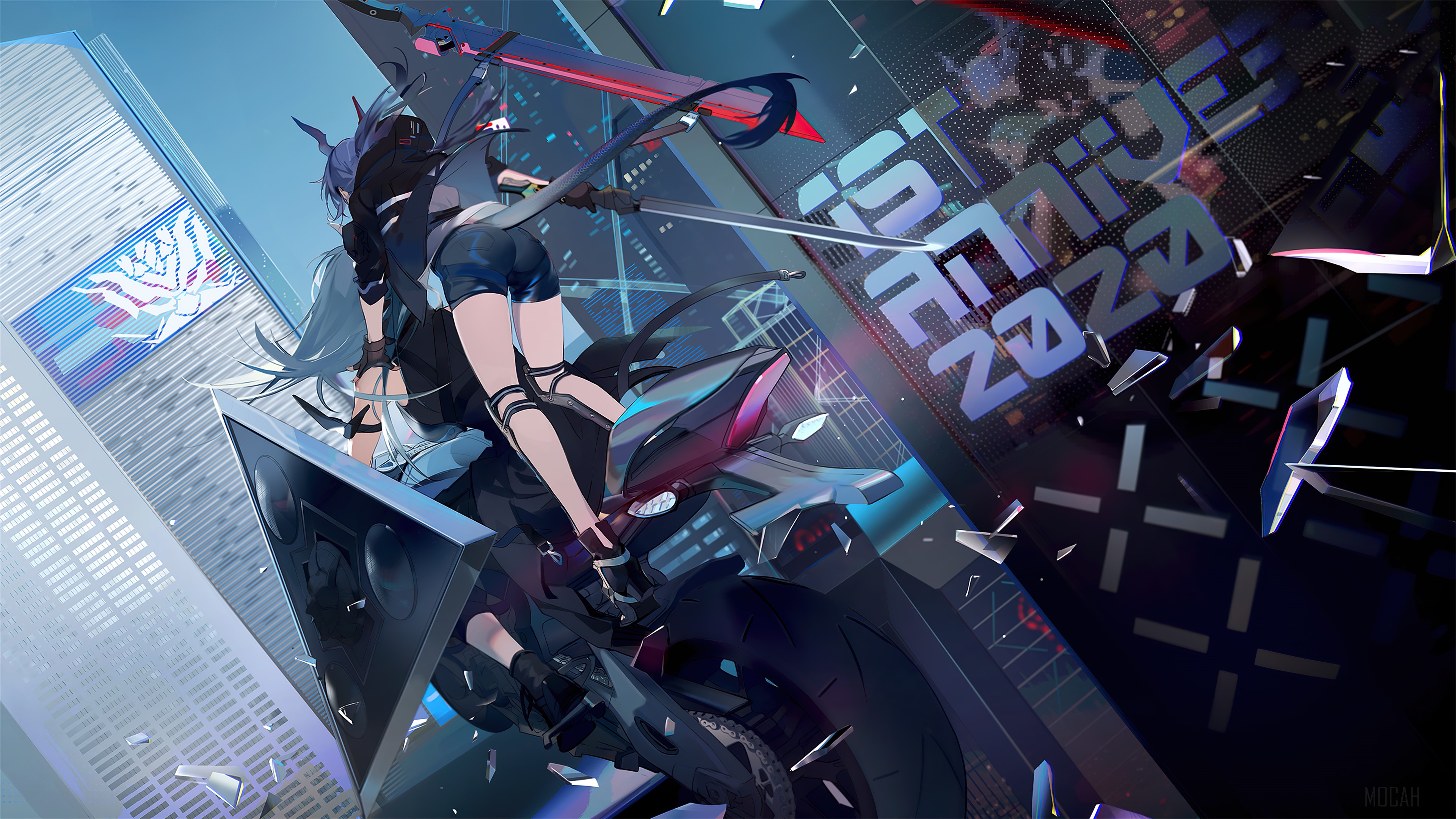 Hoshiguma from Arknights on a motorcycle 4K HD Wallpaper