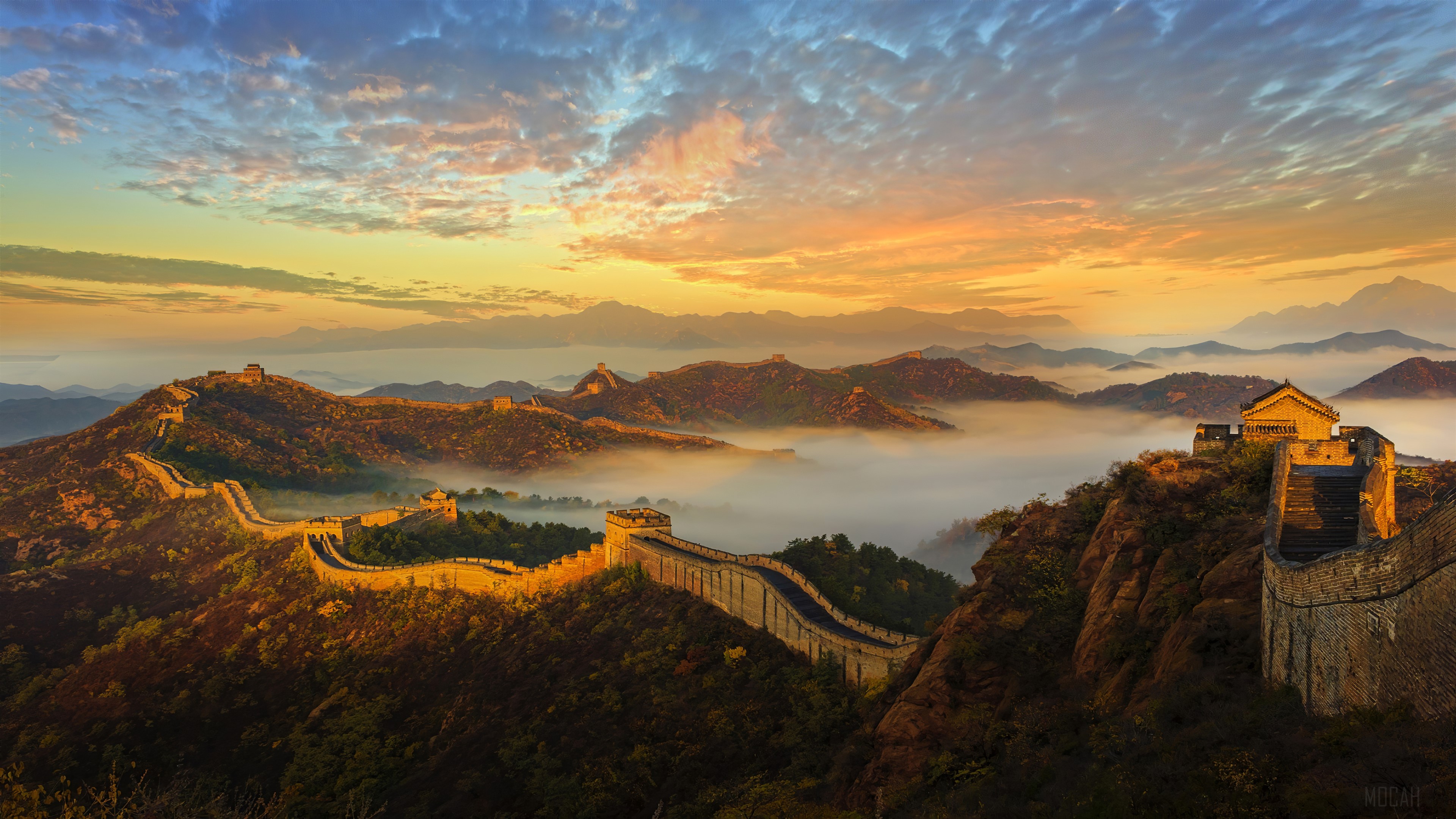 Great Wall of China at sunrise with fog HD Wallpaper