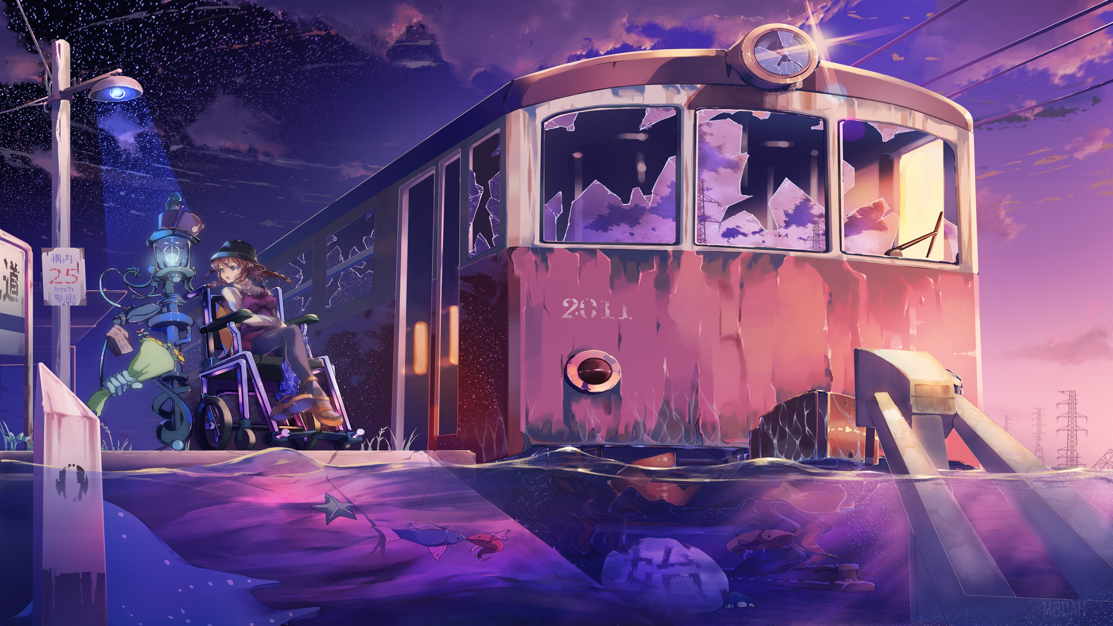 Anime girl in wheelchair on train platform HD Wallpaper