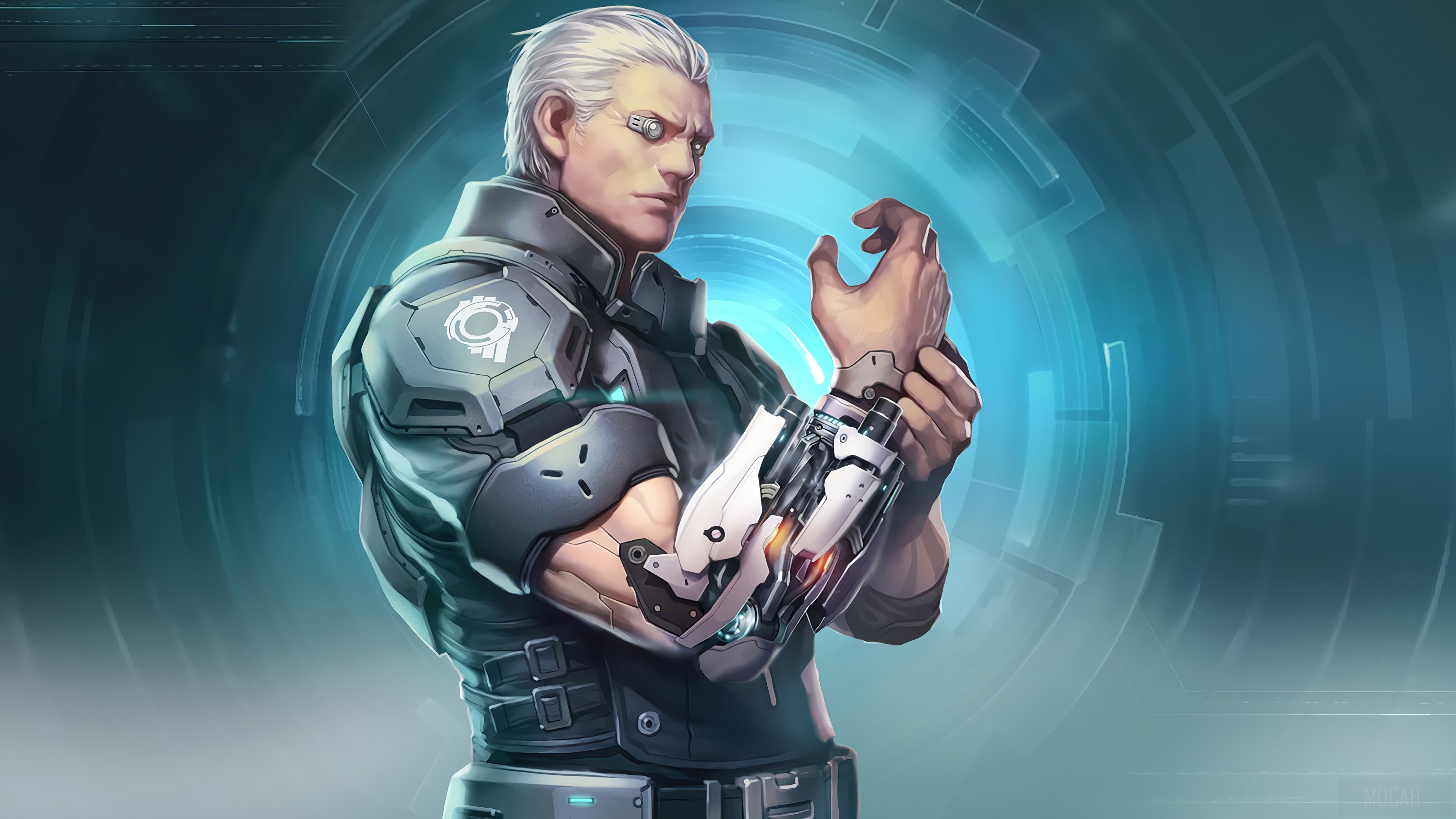Anime character with cybernetic arm HD Wallpaper