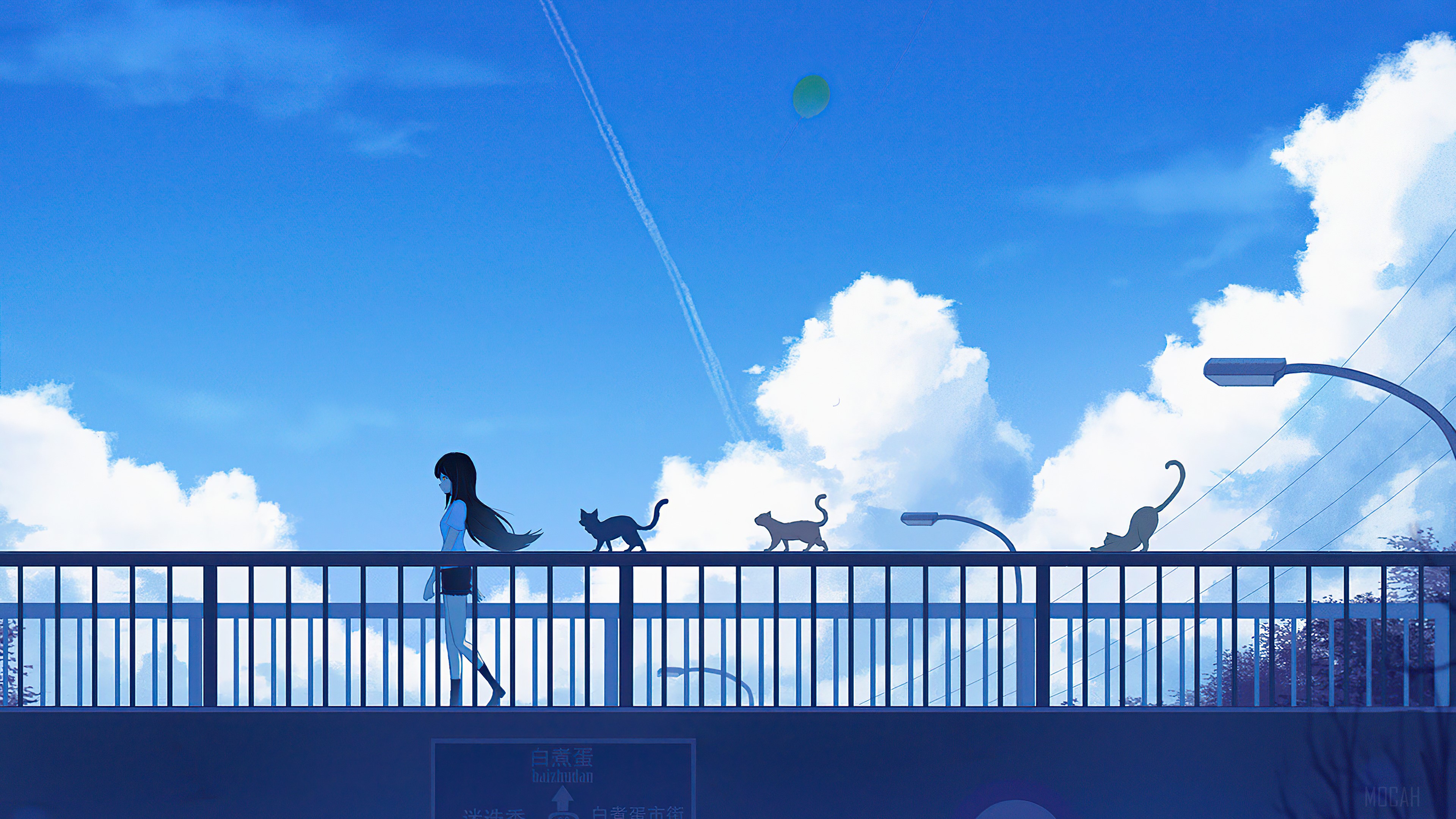 Anime girl walking on a footbridge with cats HD Wallpaper