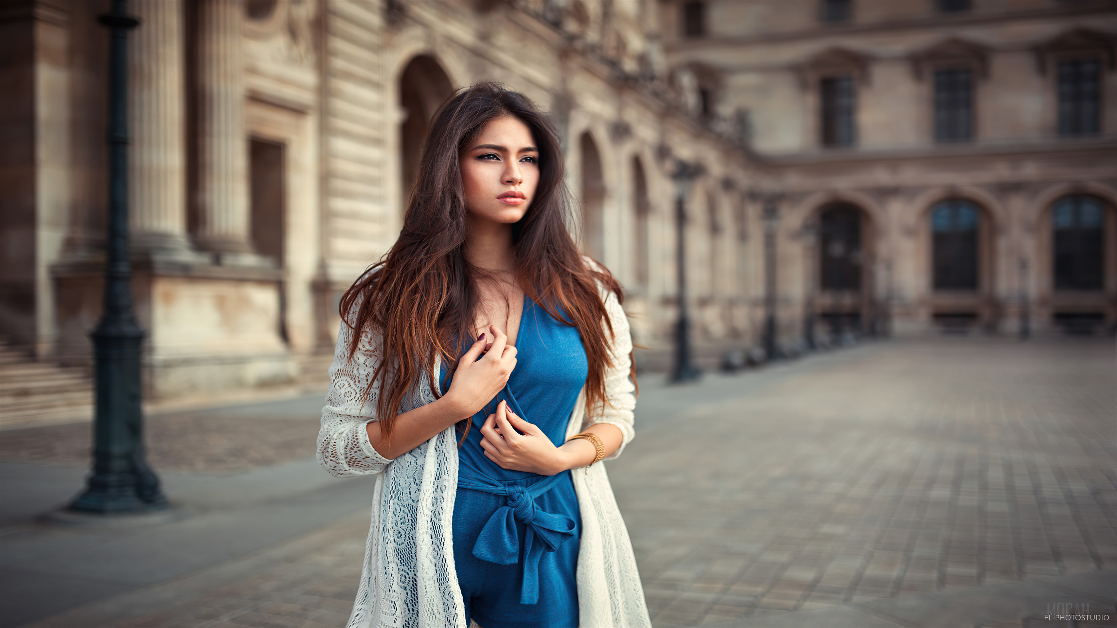 Woman in Blue Dress in Paris 4K HD Wallpaper