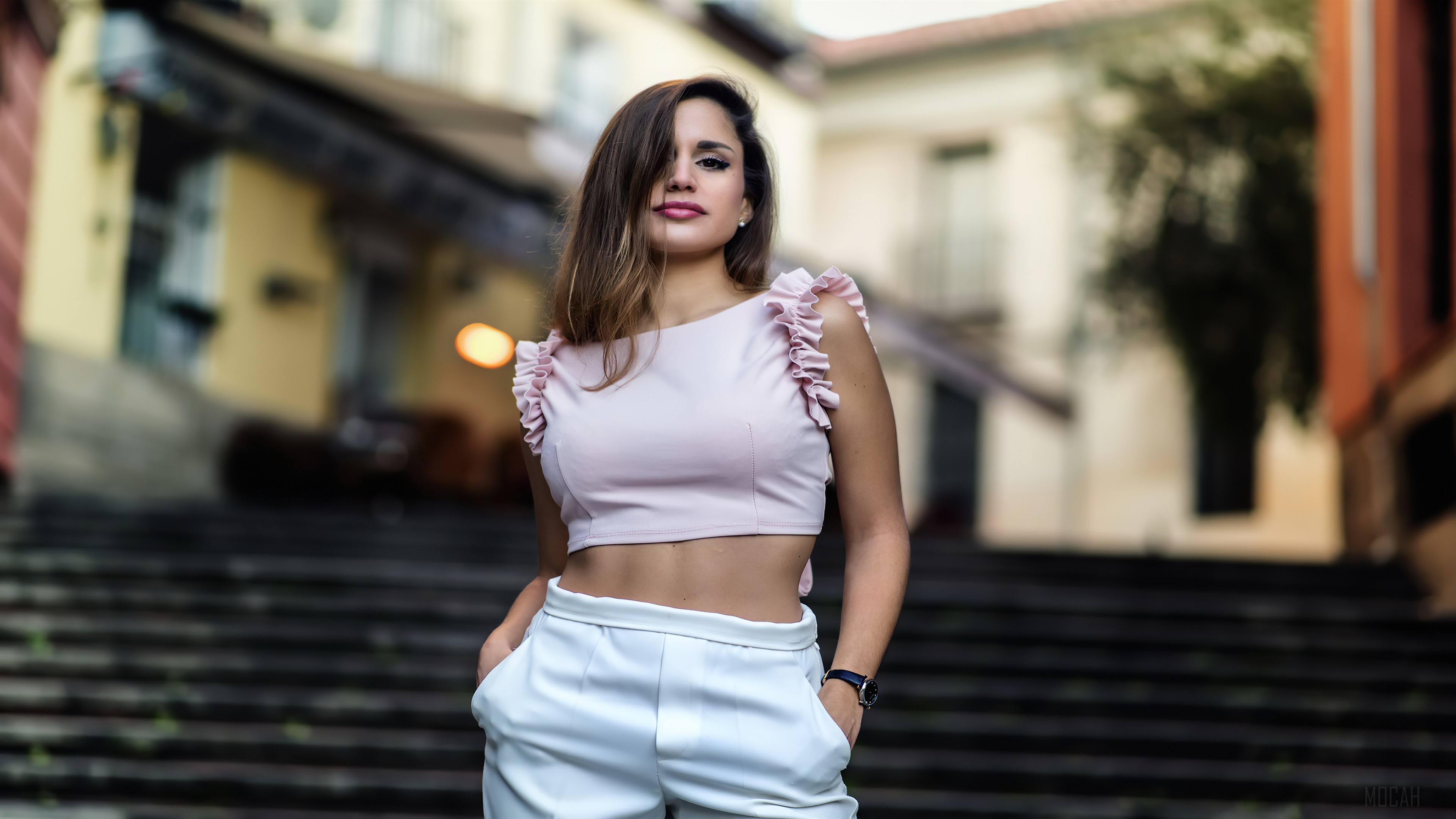 Woman in pink crop top and white pants HD Wallpaper