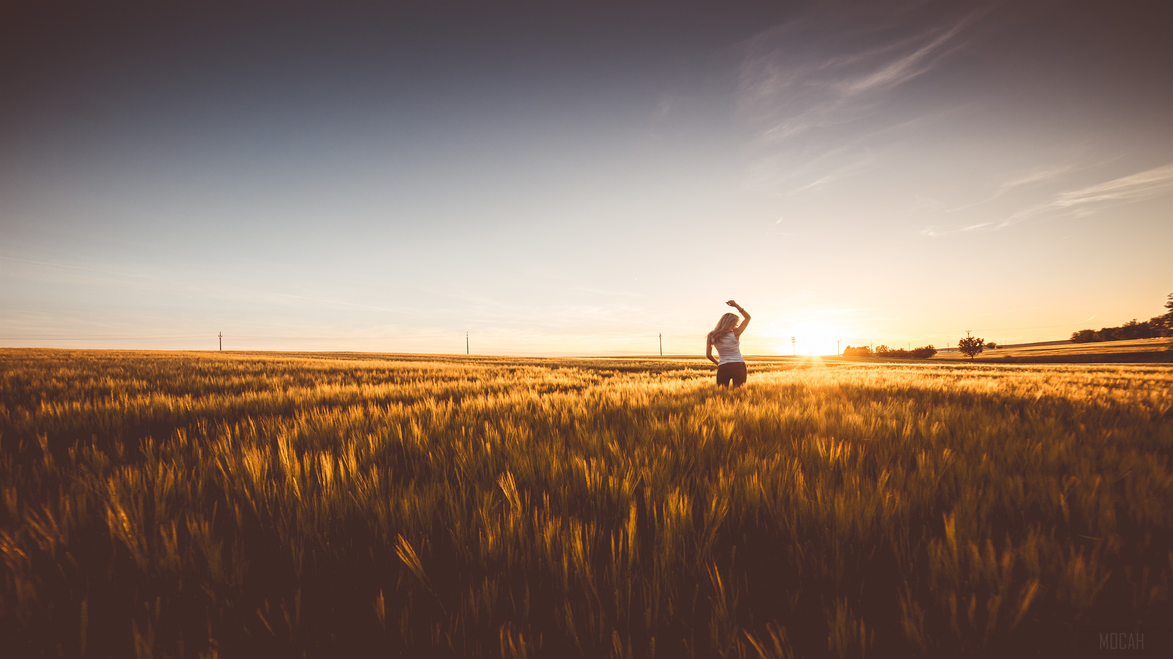 Girl in a field at sunset 4K HD Wallpaper