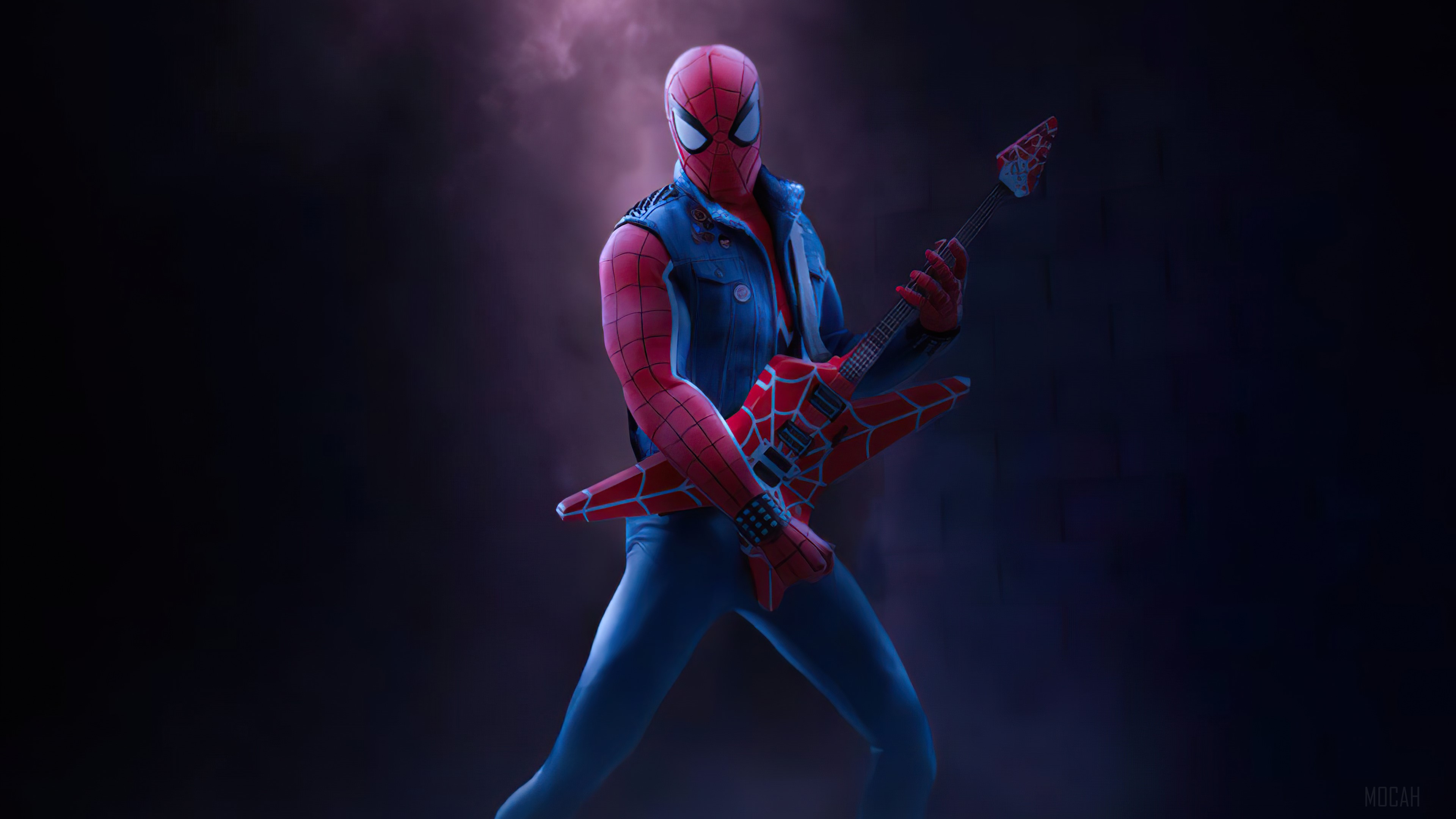 Spider-Man Playing a Red Electric Guitar HD Wallpaper