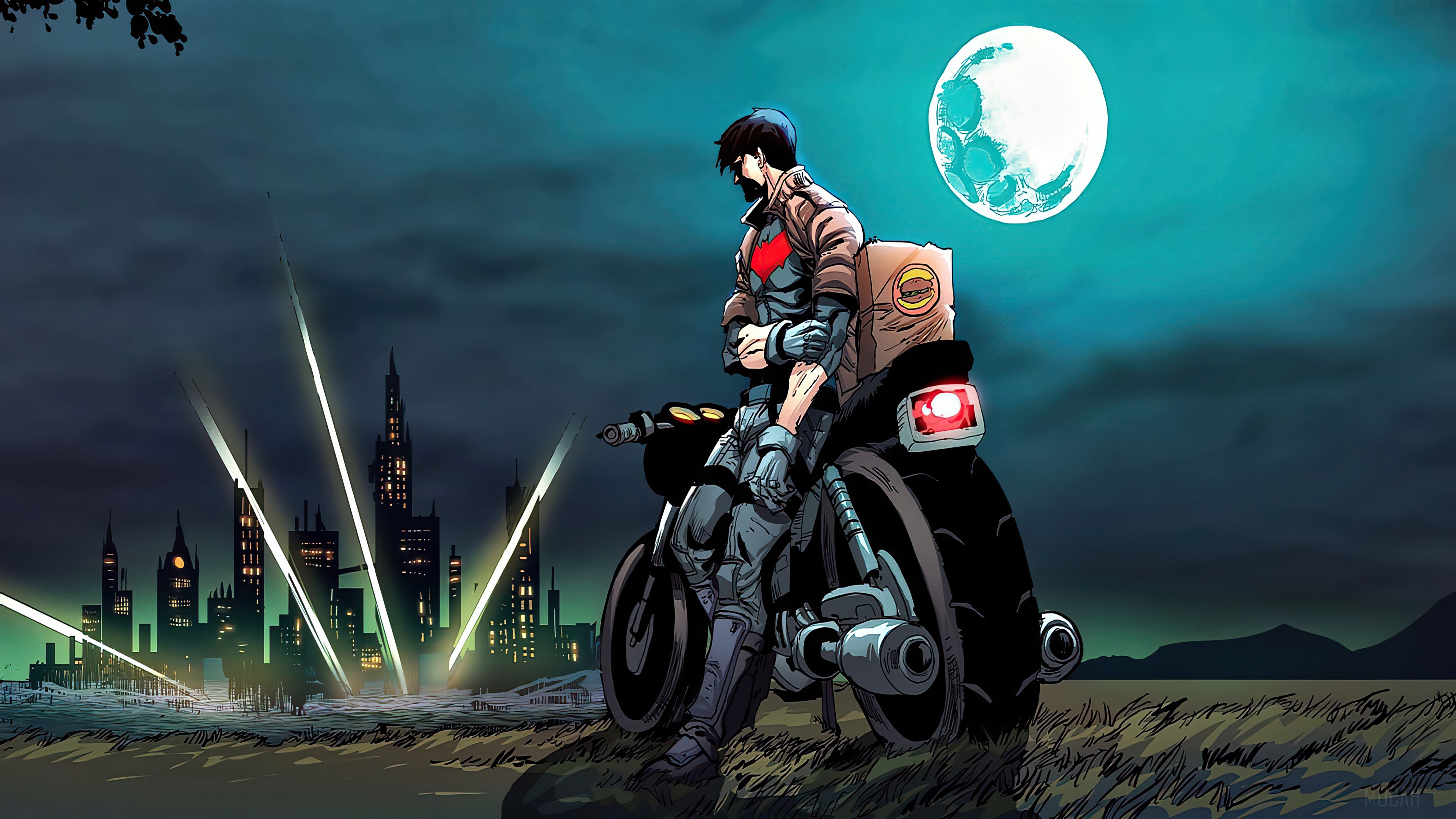 Robin on a motorcycle in front of a city skyline HD Wallpaper