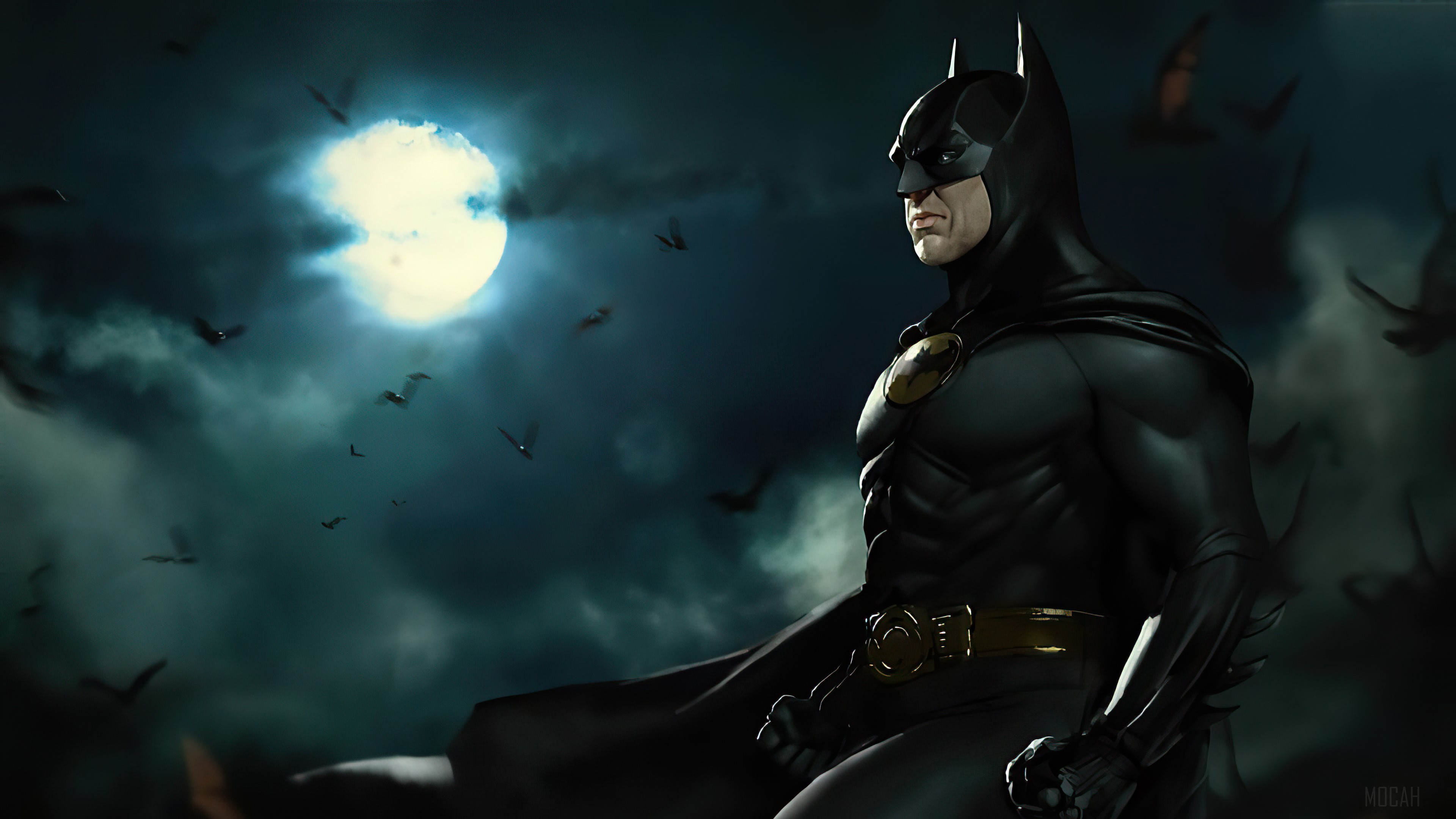Batman in front of the moon with bats HD Wallpaper