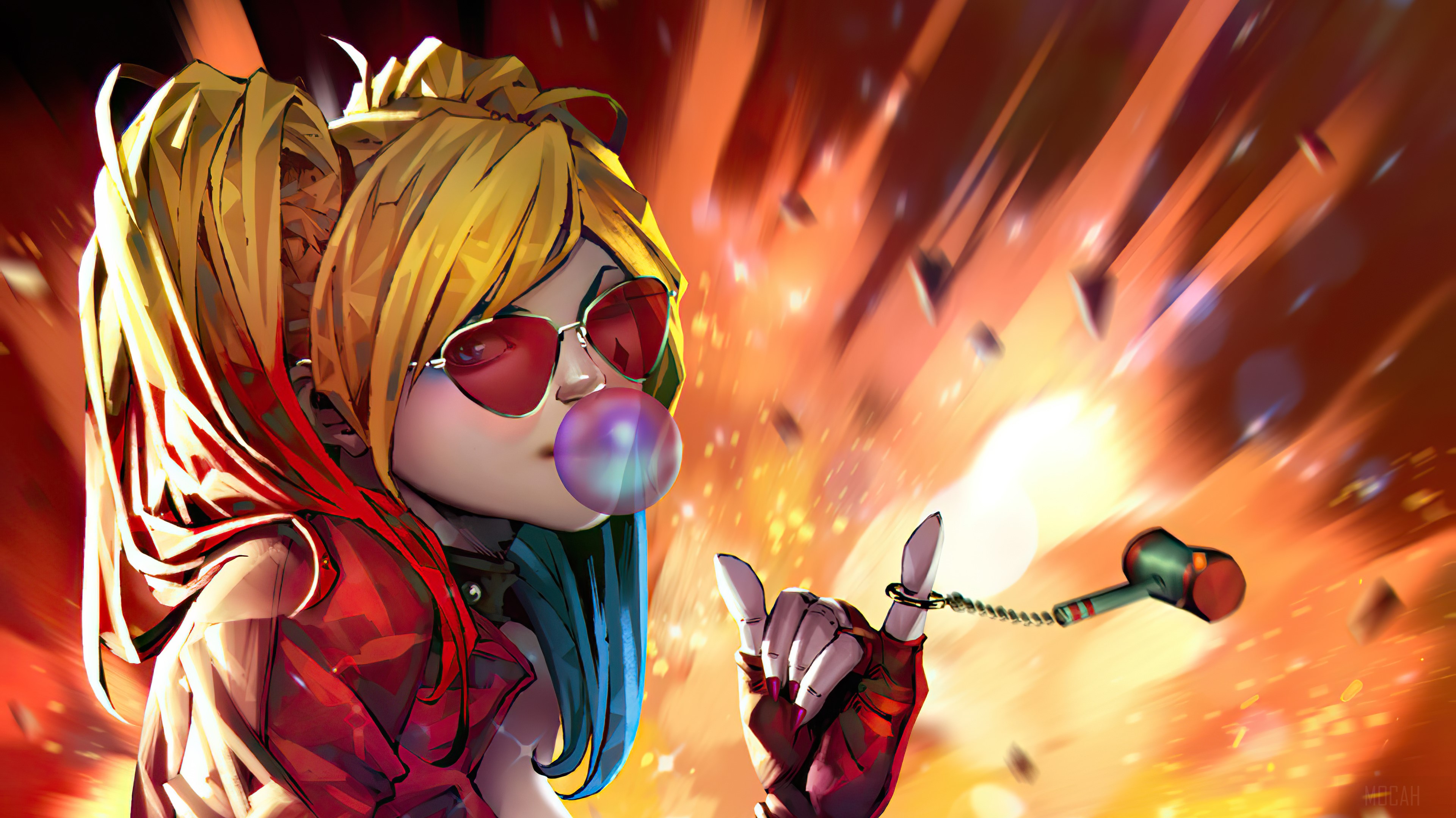 Harley Quinn blowing bubblegum with a hammer HD Wallpaper