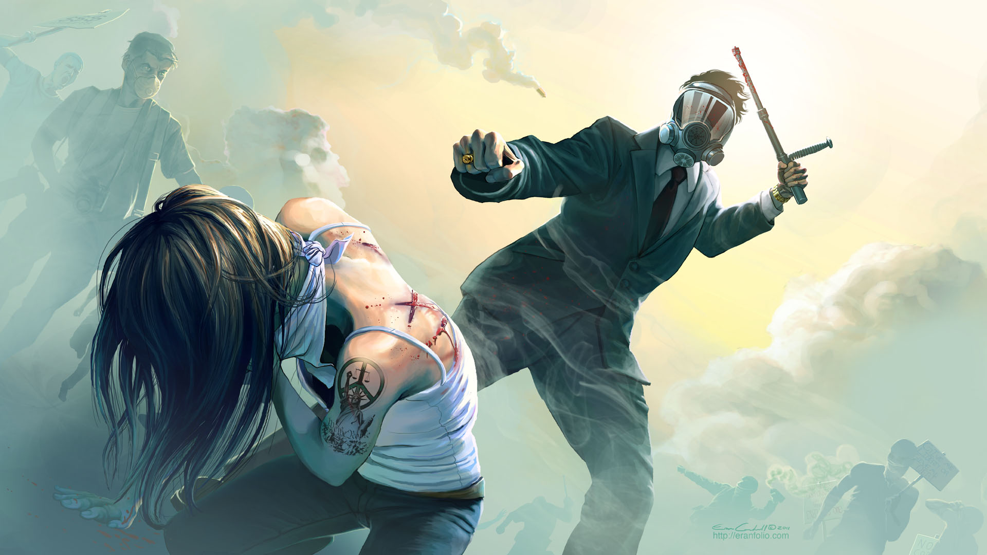 Man in gas mask attacks woman with weapon HD Wallpaper