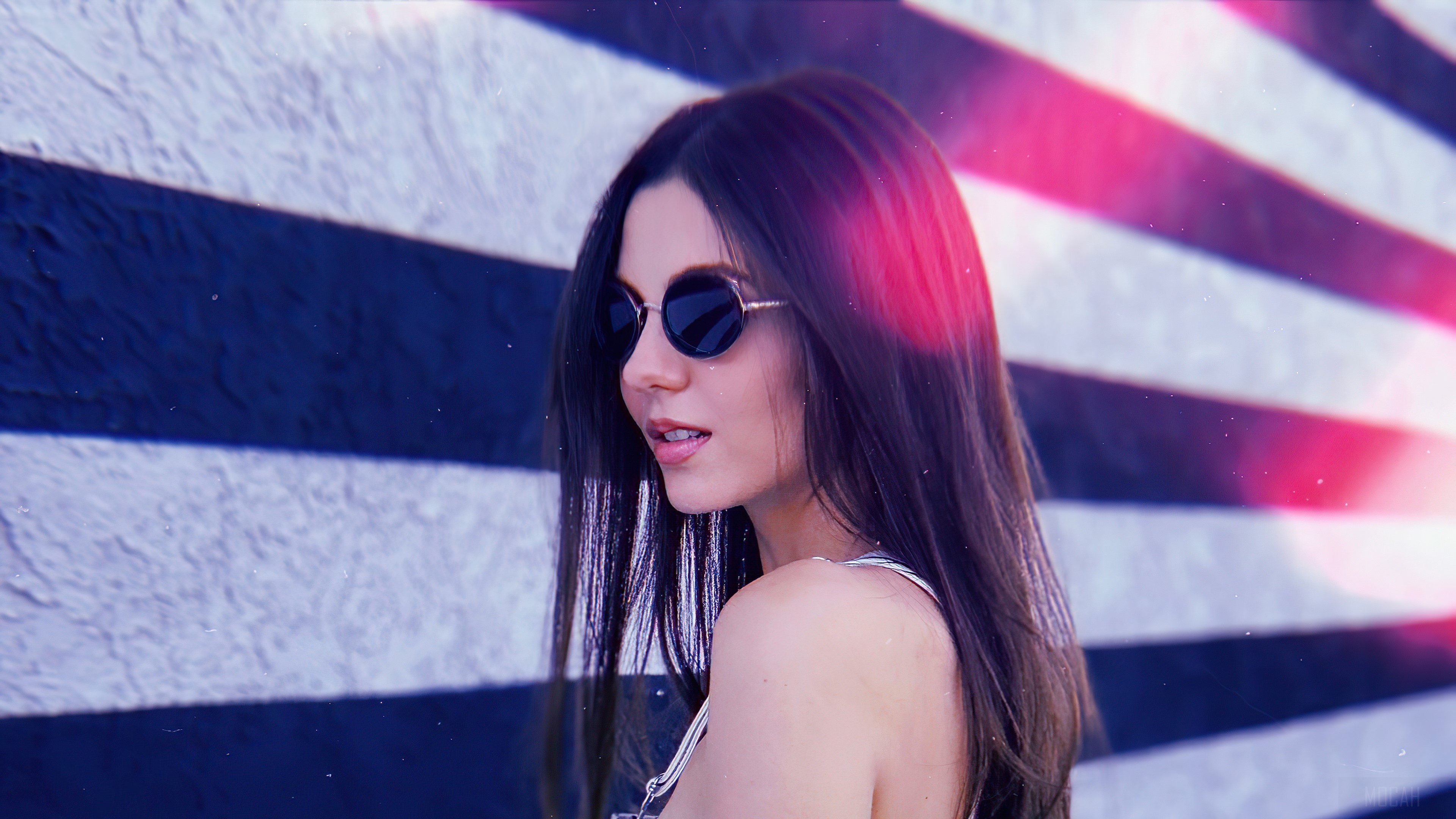Victoria Justice wearing sunglasses in front of striped background 4K HD Wallpaper