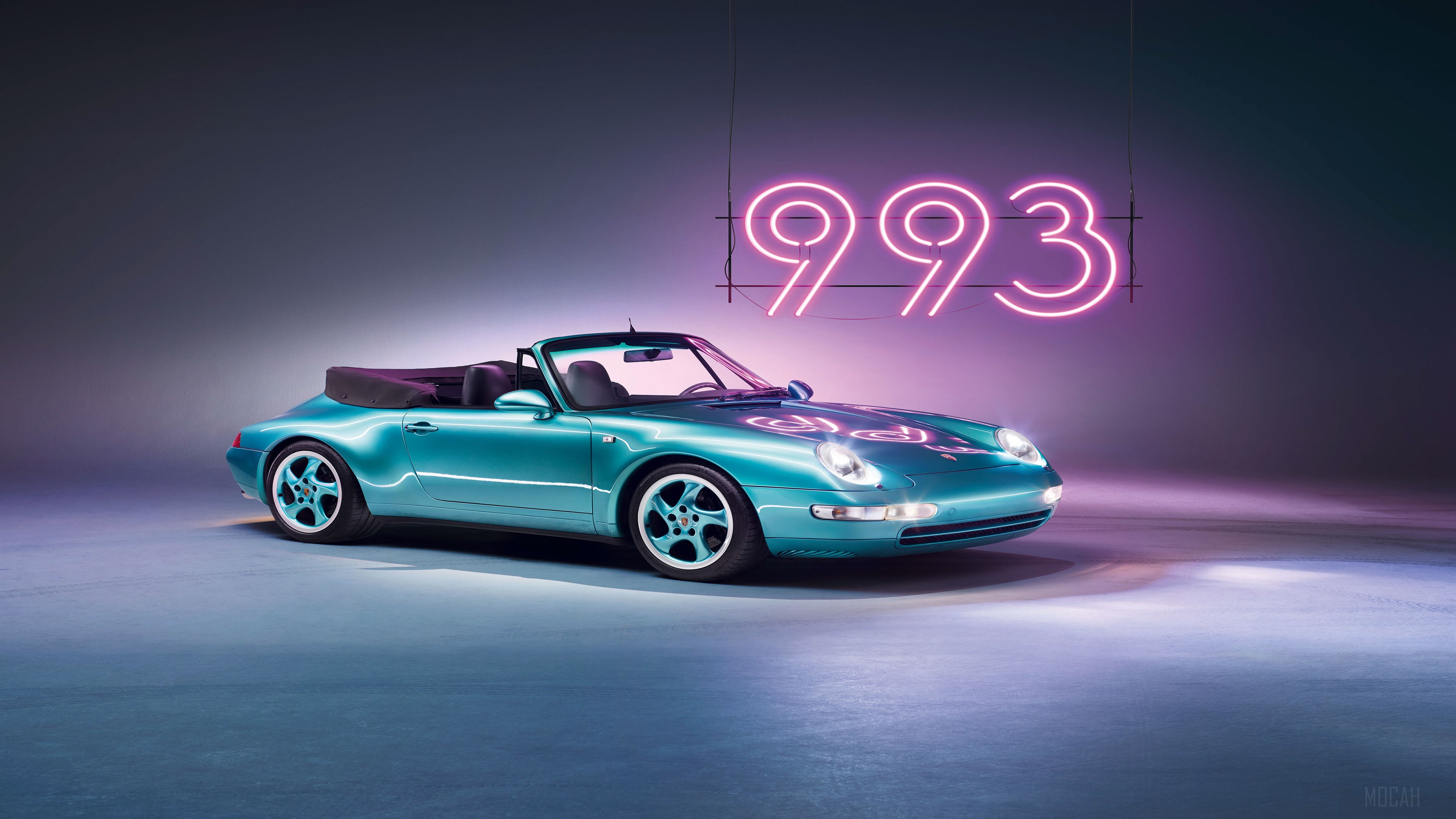 Porsche 993 convertible with neon sign HD Wallpaper